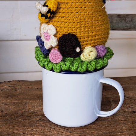 Beehive pin cushion in a sturdy enamel tin mug