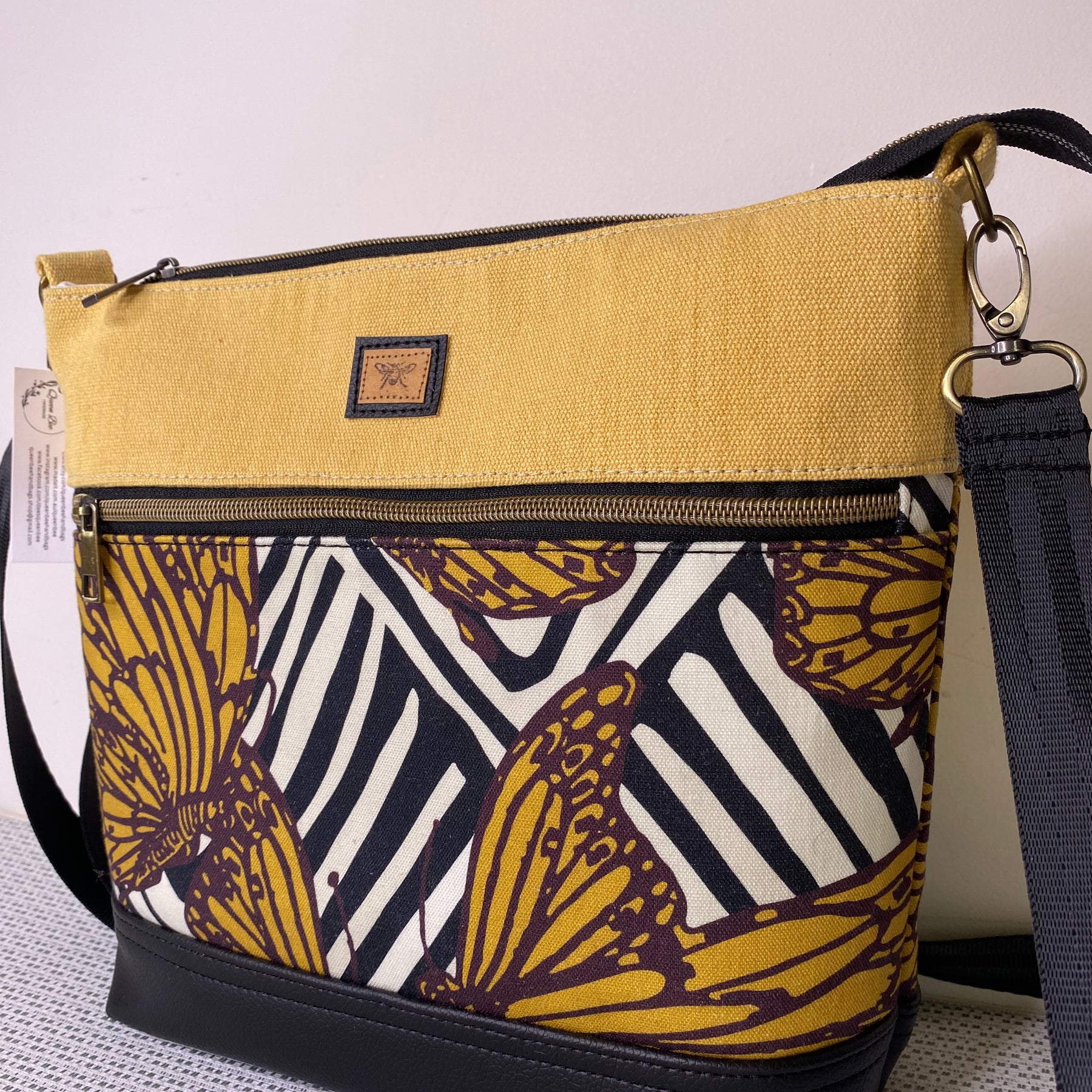 Lola Crossbody Bag - Monarch Butterfly and Plain Yellow Fabric with Black Faux Leather Base