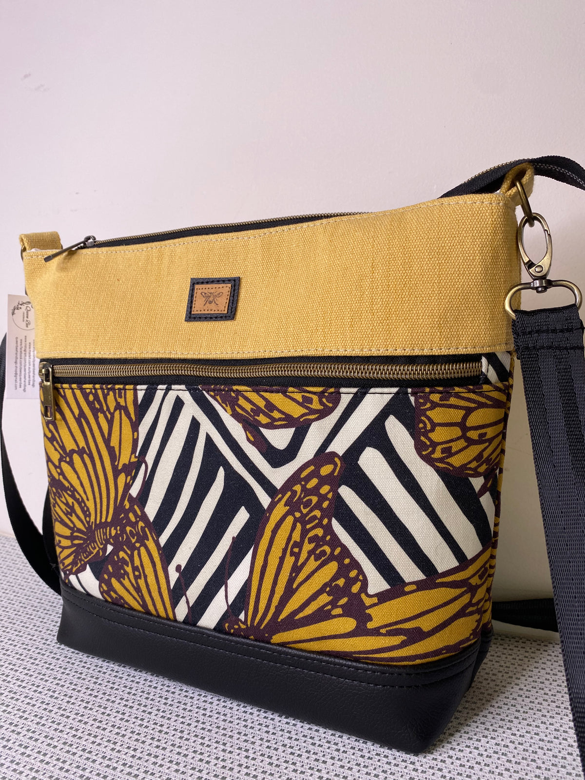 Lola Crossbody Bag - Monarch Butterfly and Plain Yellow Fabric with Black Faux Leather Base
