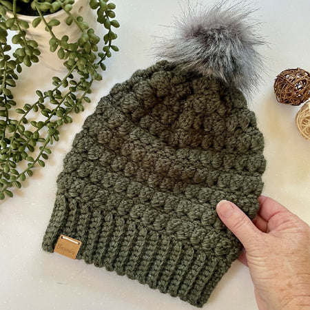 Handmade Adult Slouchy Beanie | Forest Green with Grey pom