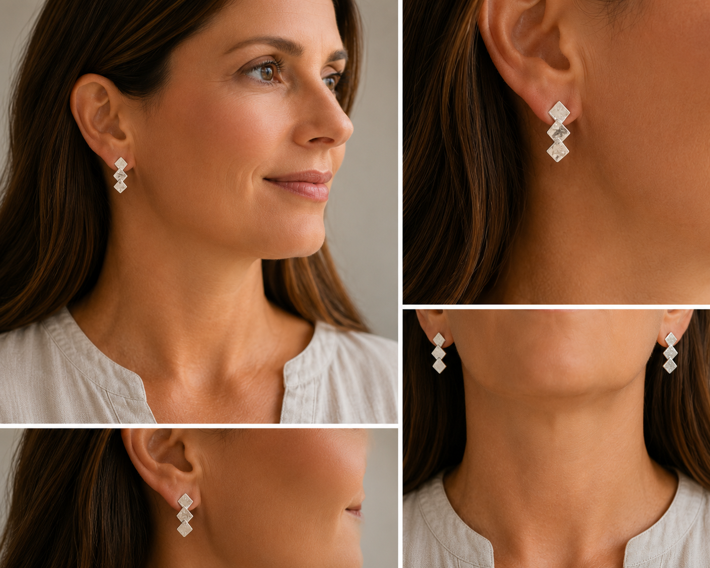 Textured Sterling Silver Triple Square Earrings