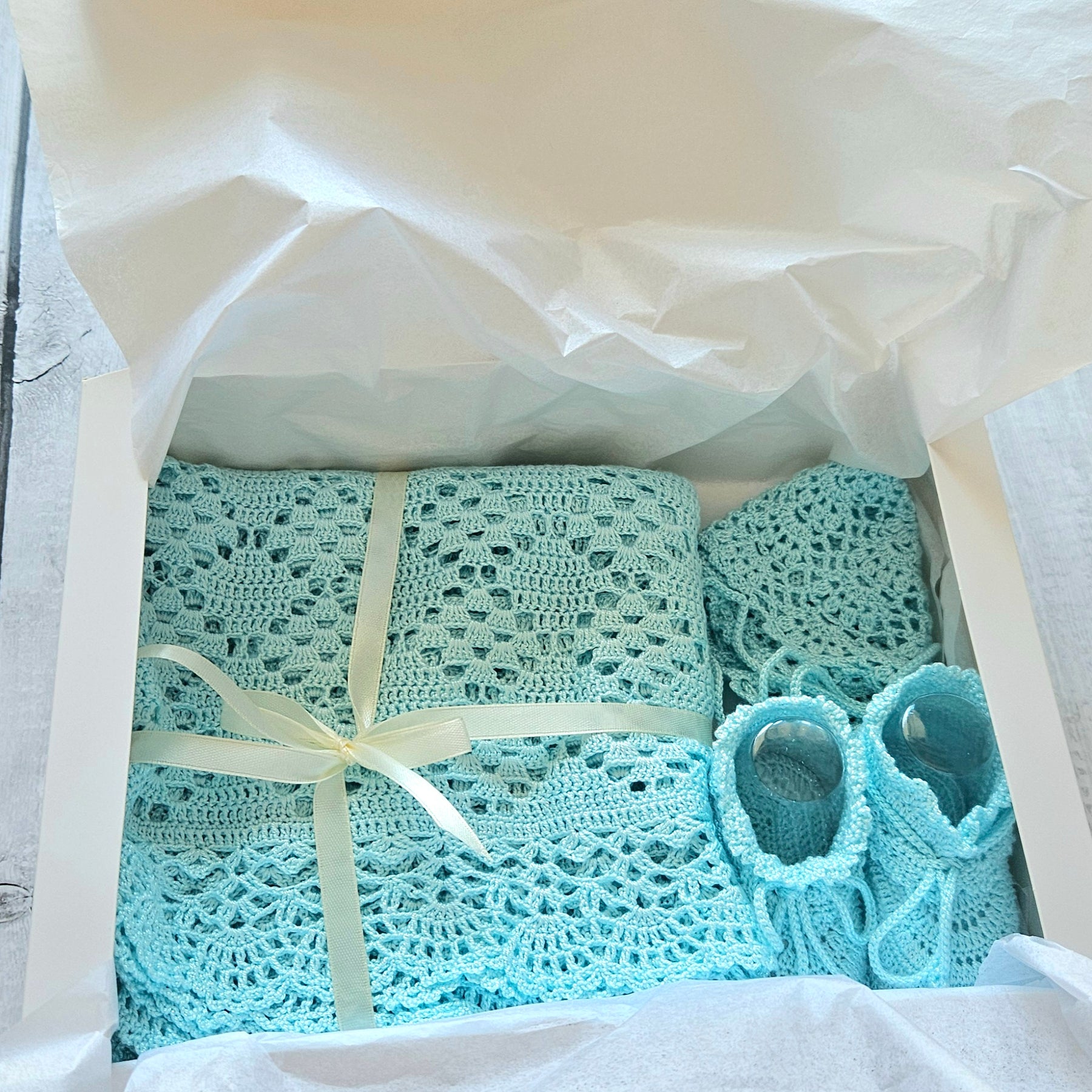 Handmade Newborn Gift Set – Silk Blanket, Bonnet & Booties | Sky Blue | Luxury Baby Gift