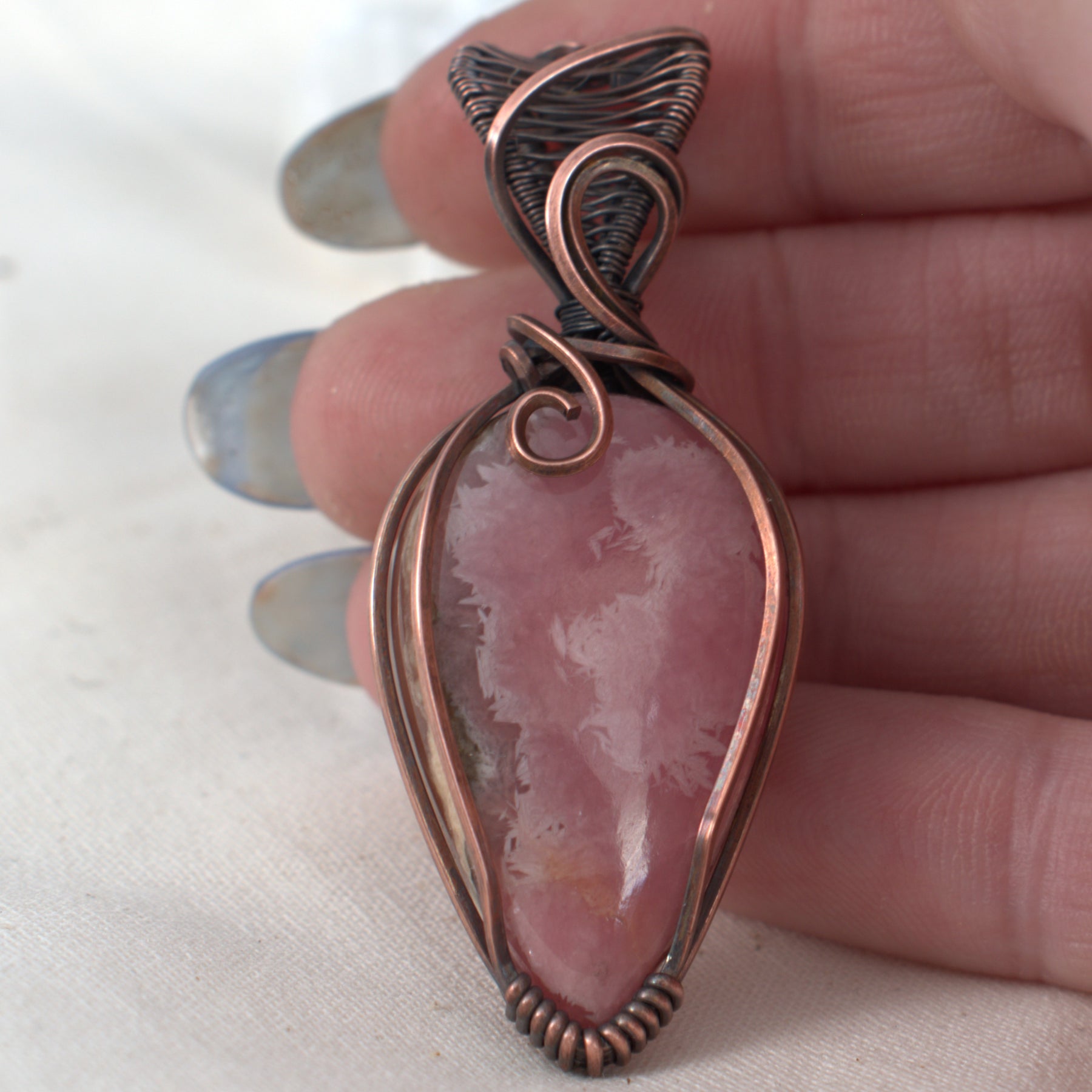 Peony Blush - Rhodochrosite Copper Wrapped Pendant