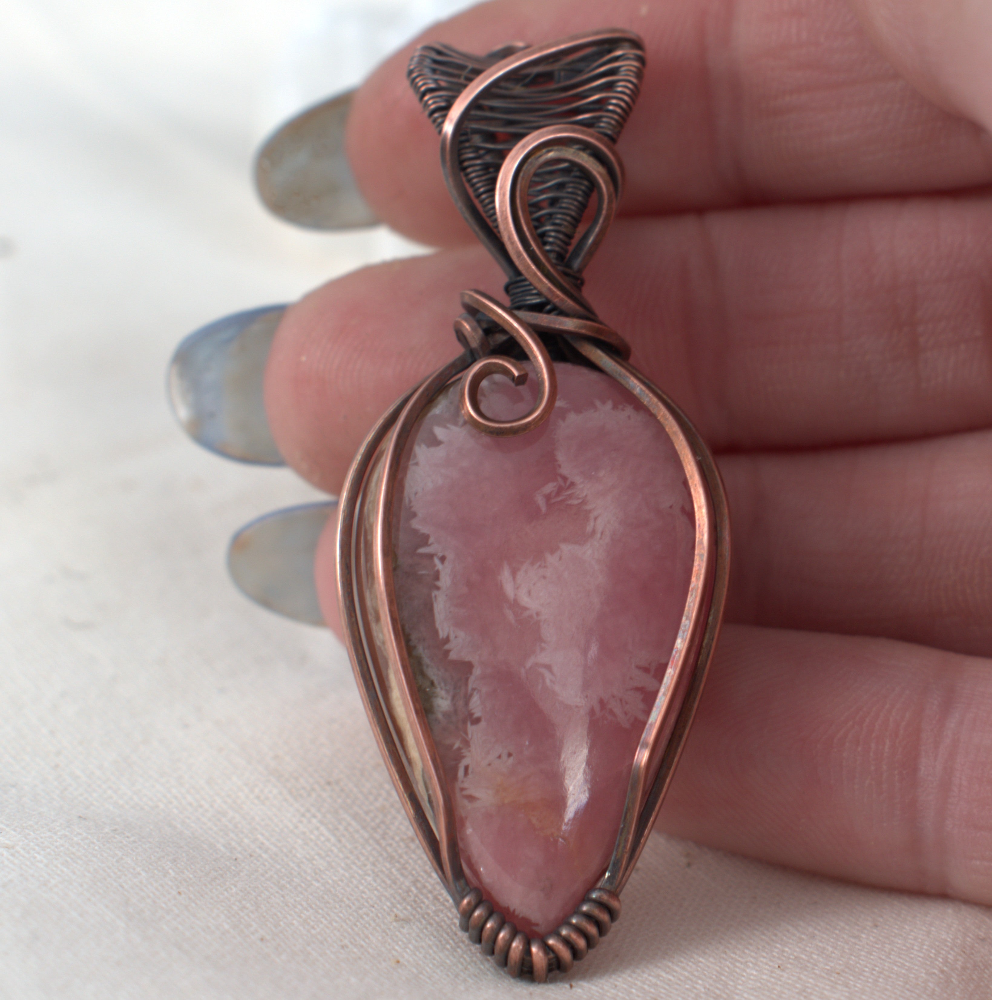 Peony Blush - Rhodochrosite Copper Wrapped Pendant