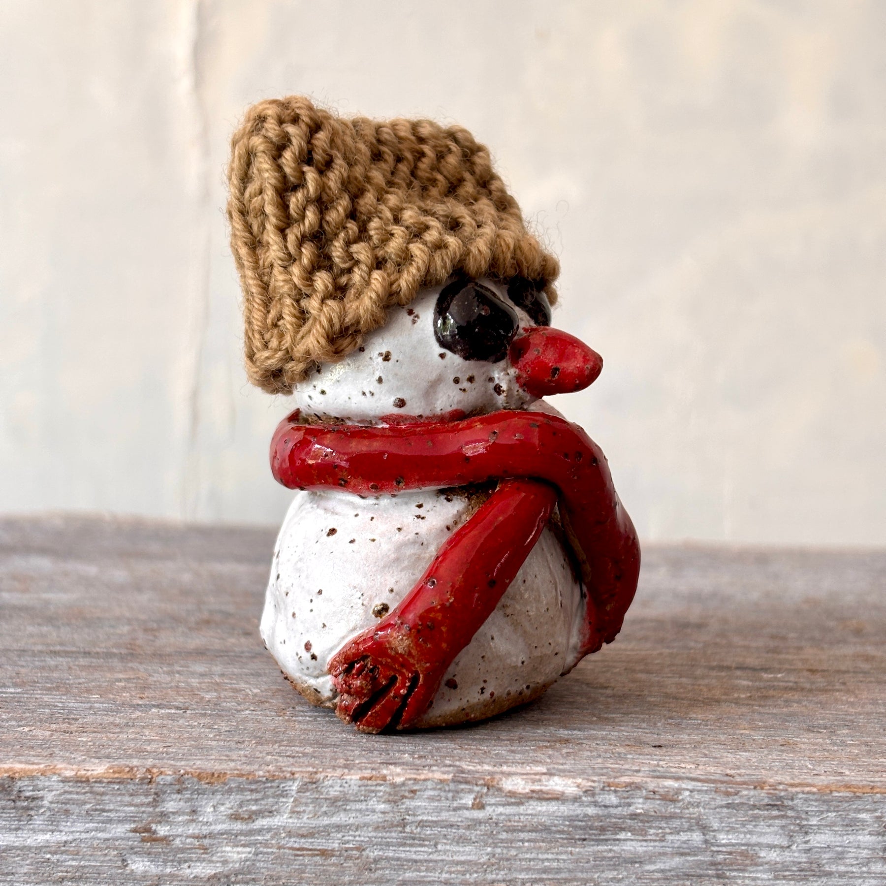 Ceramic Snowman with light-brown hand-knitted hat (26-14)