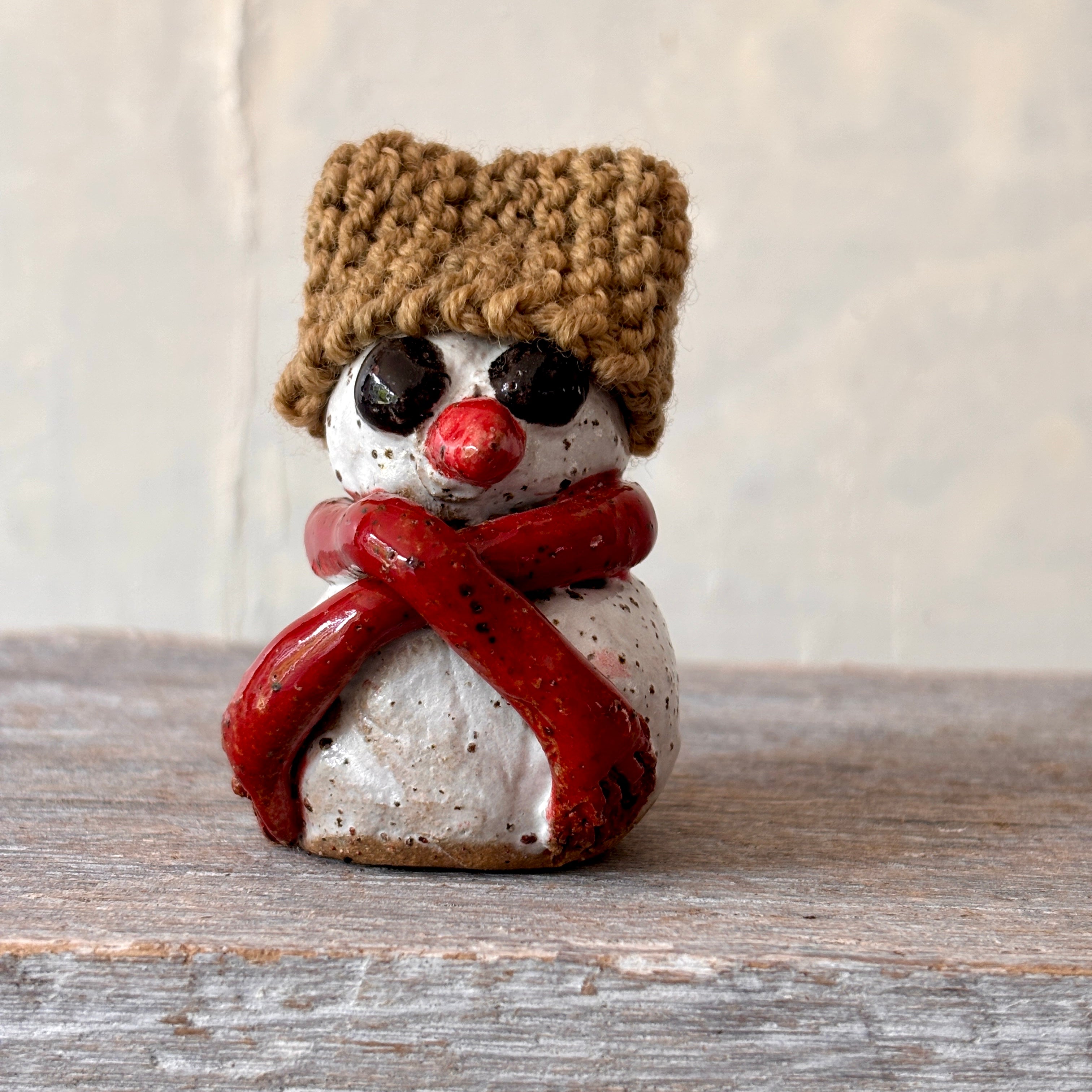 Ceramic Snowman with light-brown hand-knitted hat (26-14)