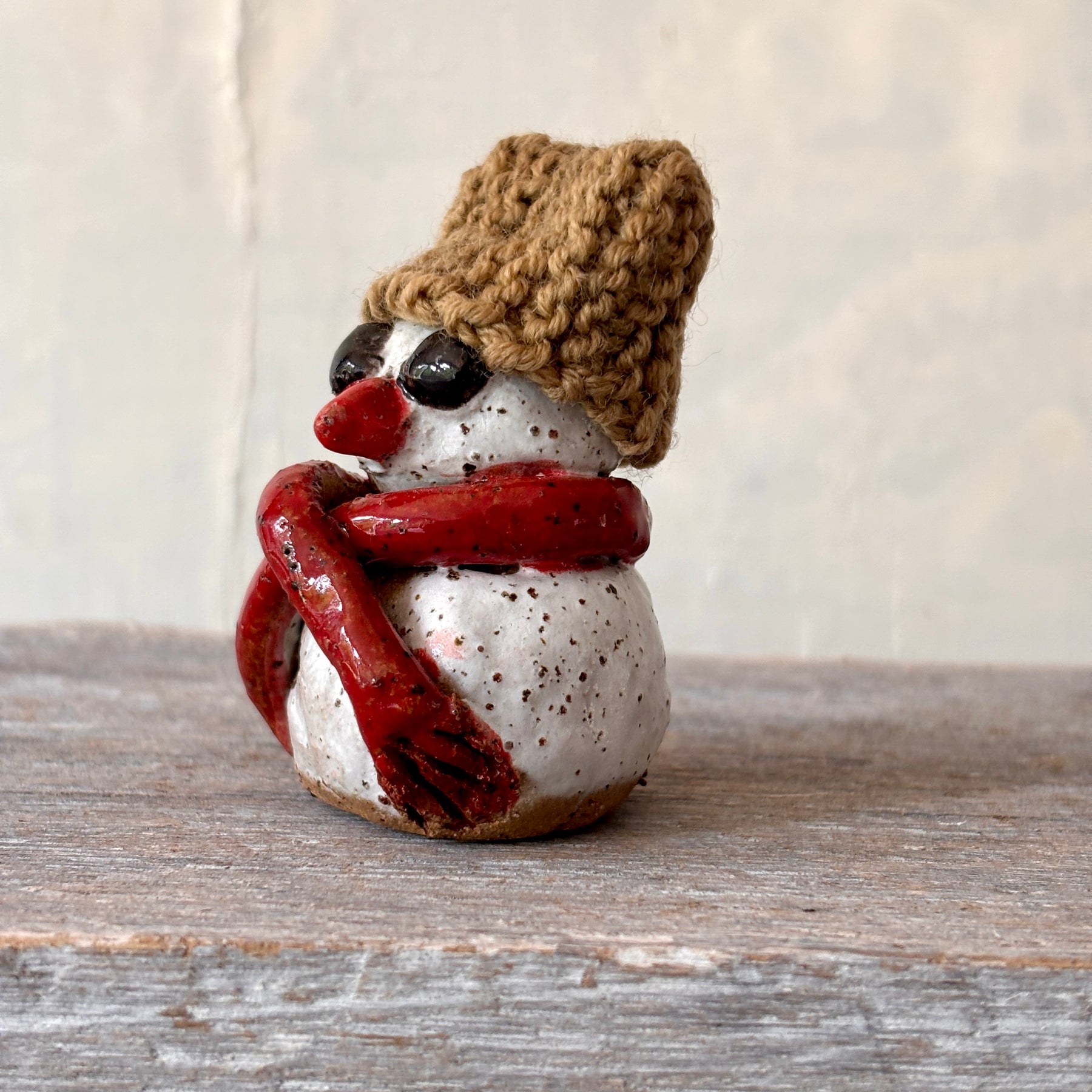 Ceramic Snowman with light-brown hand-knitted hat (26-14)