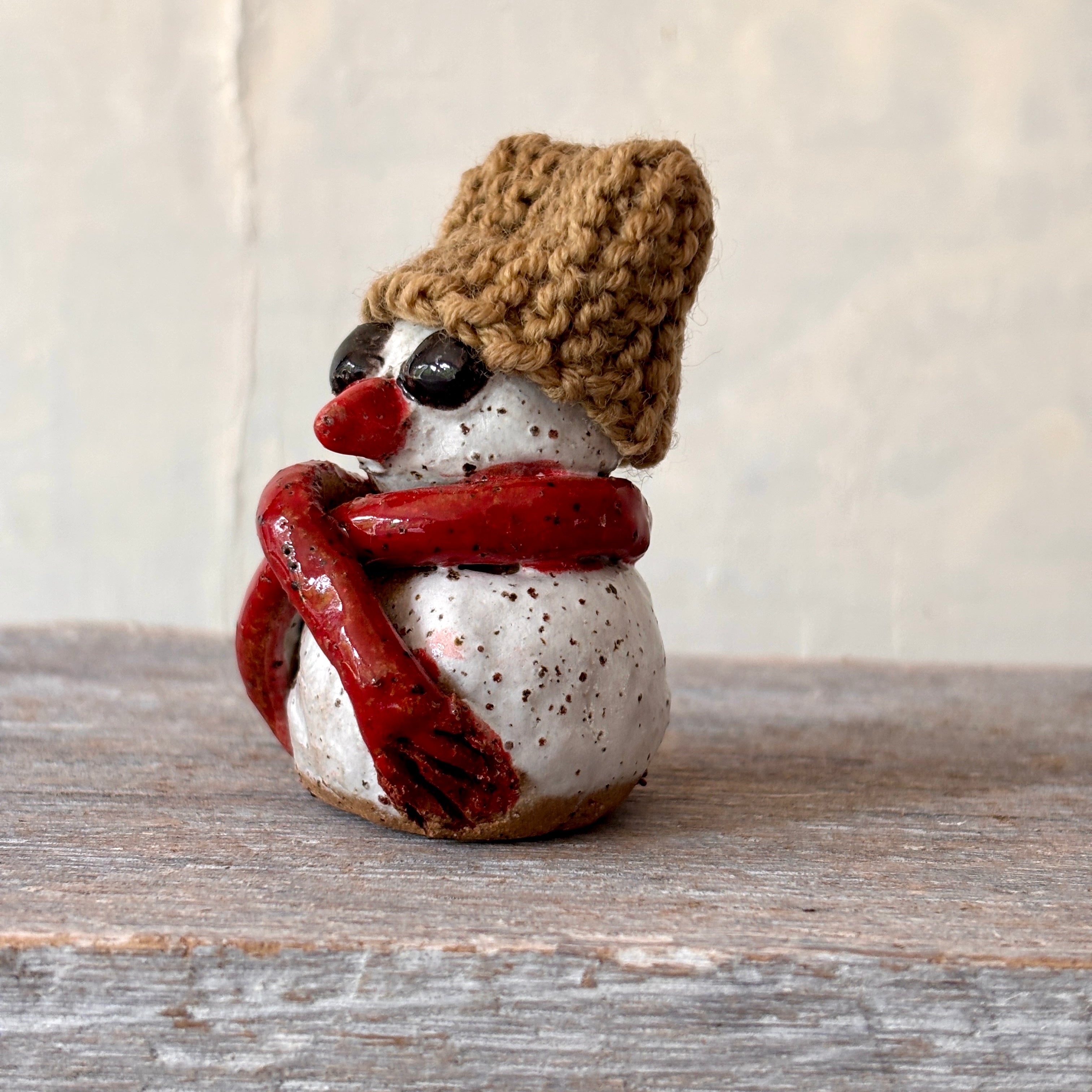 Ceramic Snowman with light-brown hand-knitted hat (26-14)