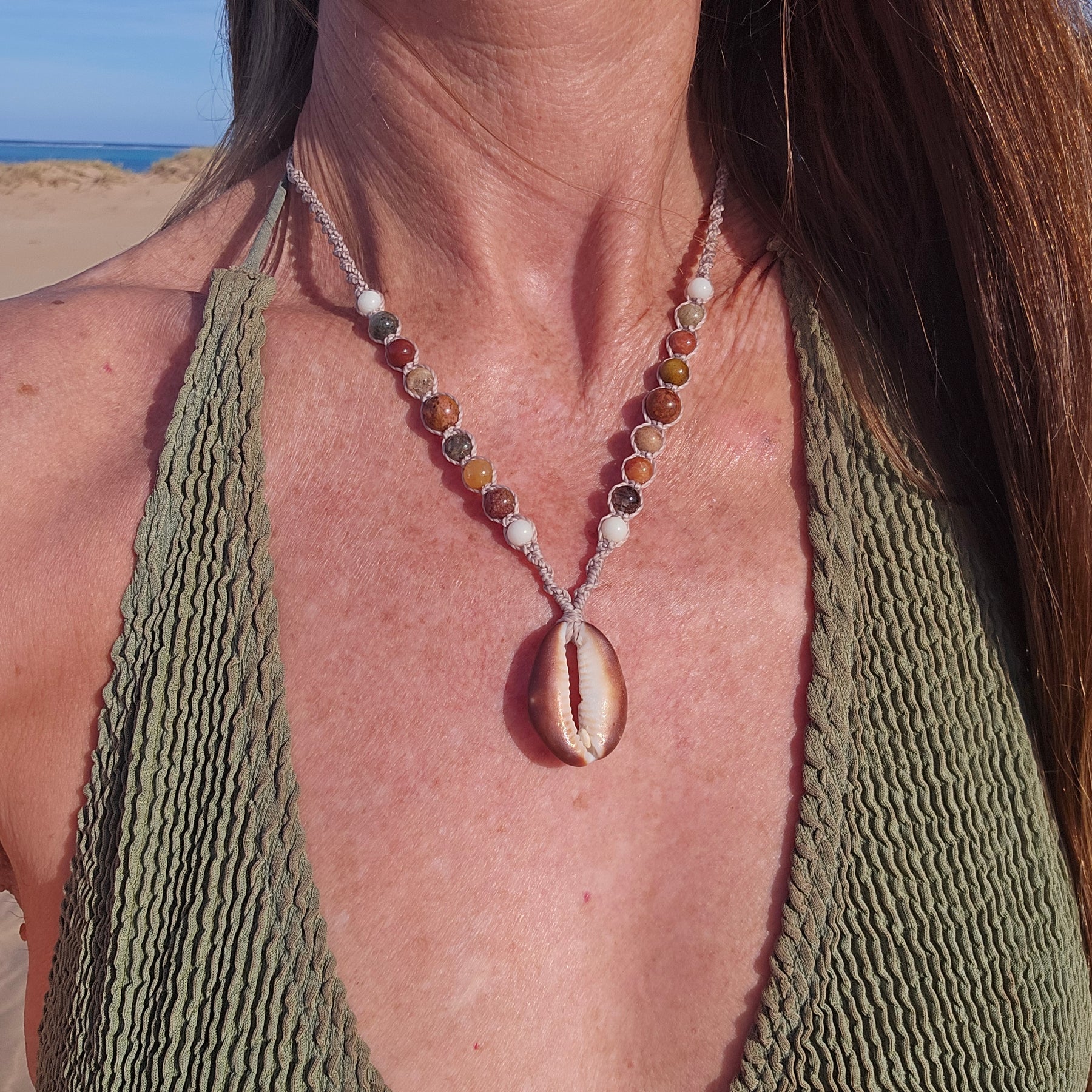 Cowrie Shell and Ocean Agate macrame Necklace