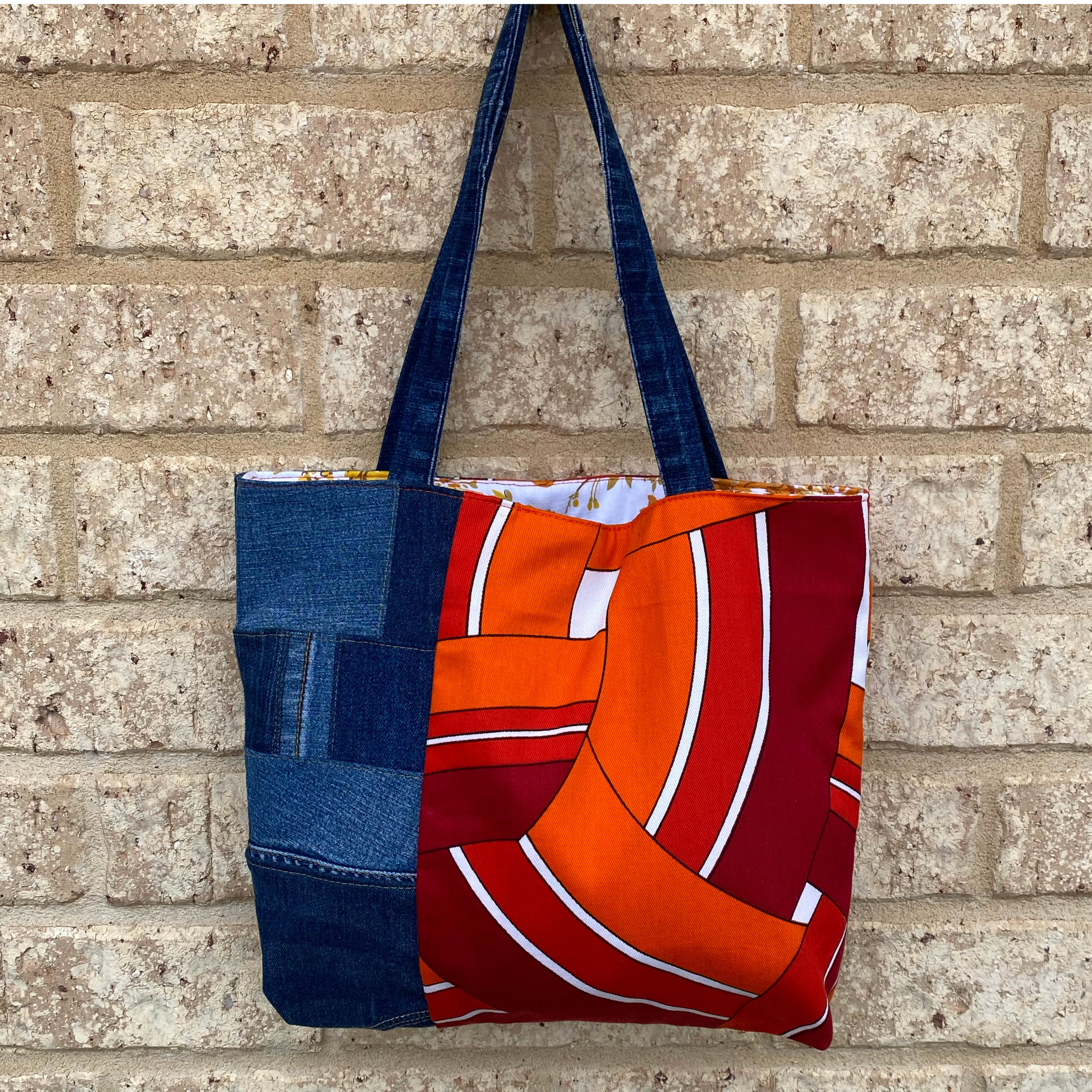 Radiant Rust Handmade Tote Bag Upcycled Vintage Fabrics & Denim