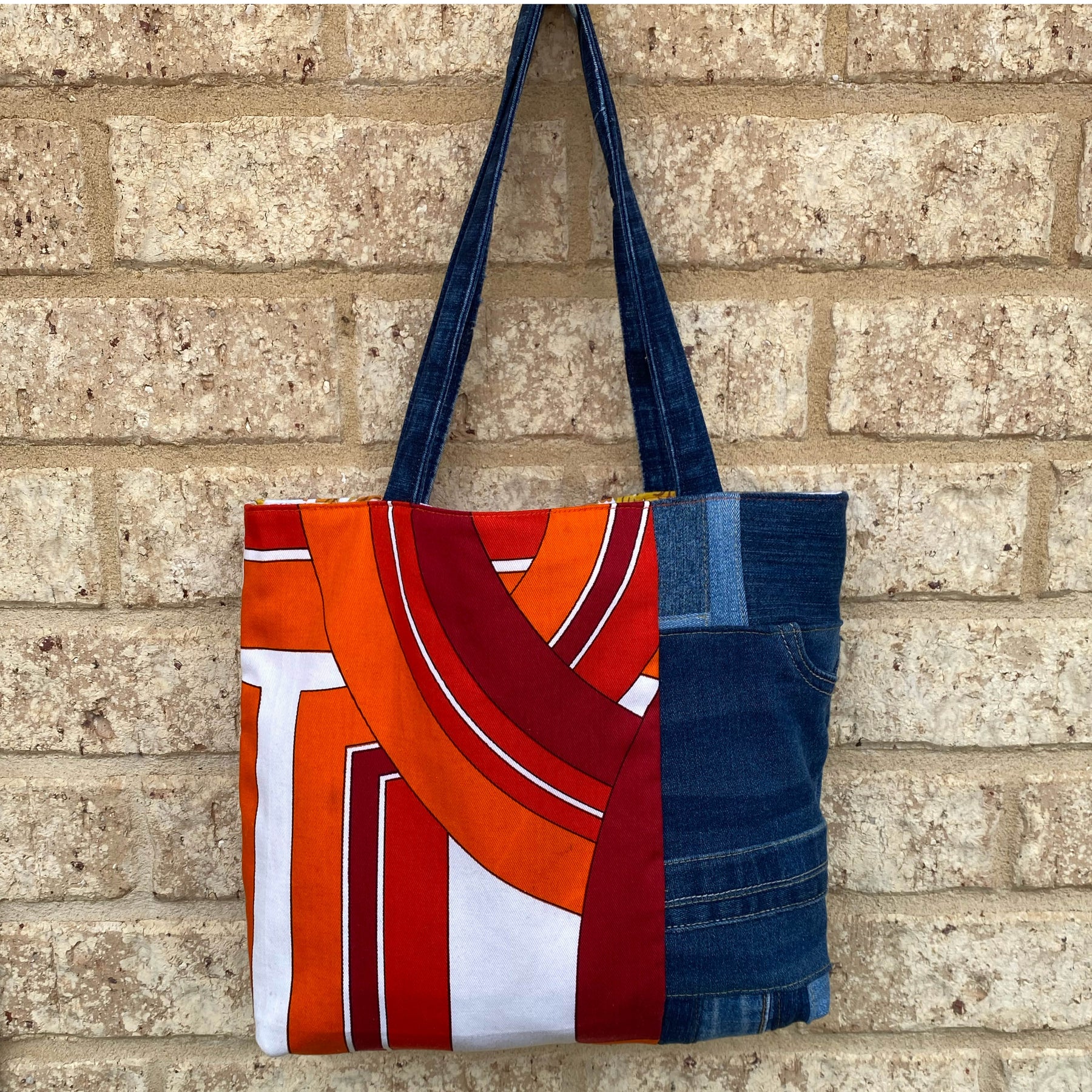 Radiant Rust Handmade Tote Bag Upcycled Vintage Fabrics & Denim