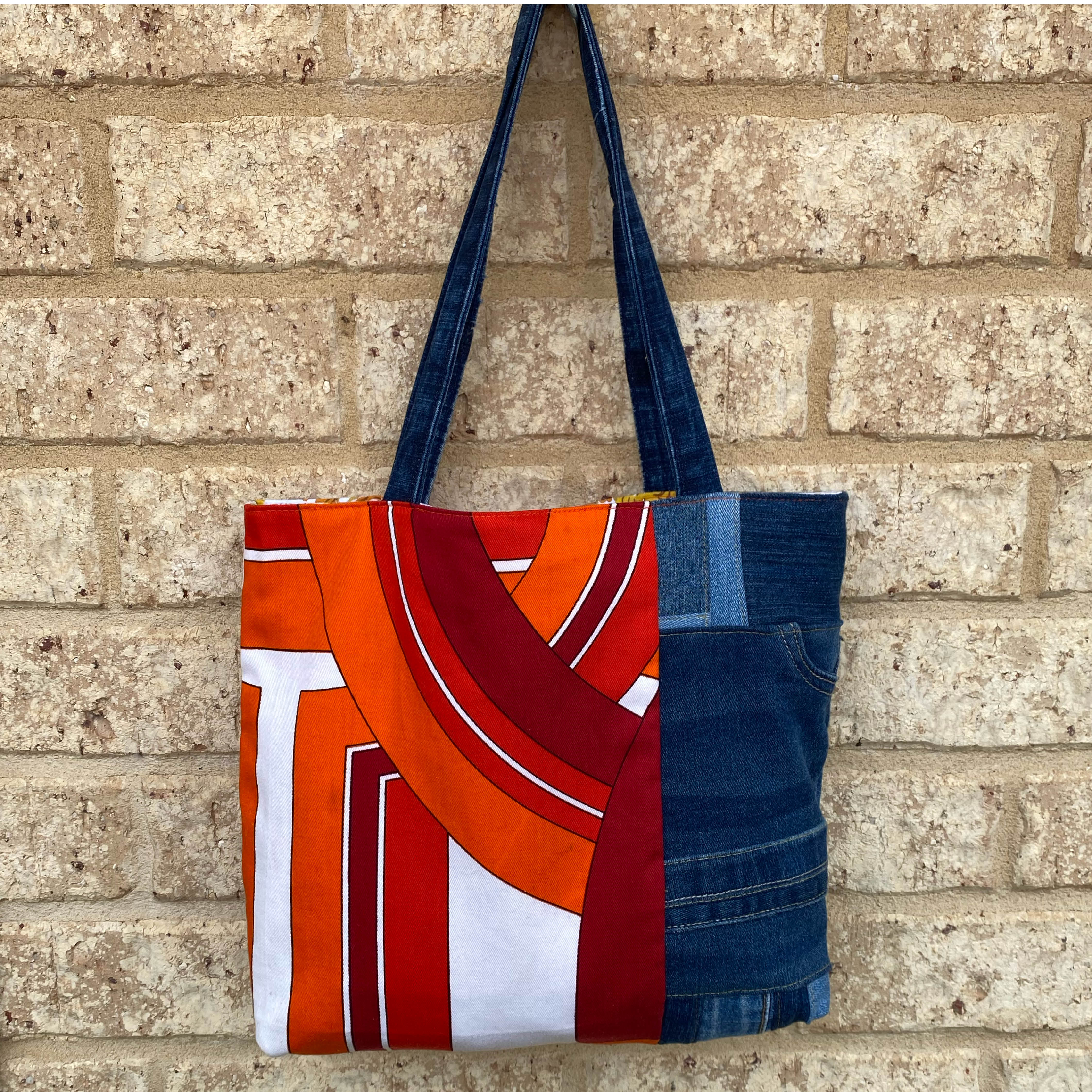 Radiant Rust Handmade Tote Bag Upcycled Vintage Fabrics & Denim