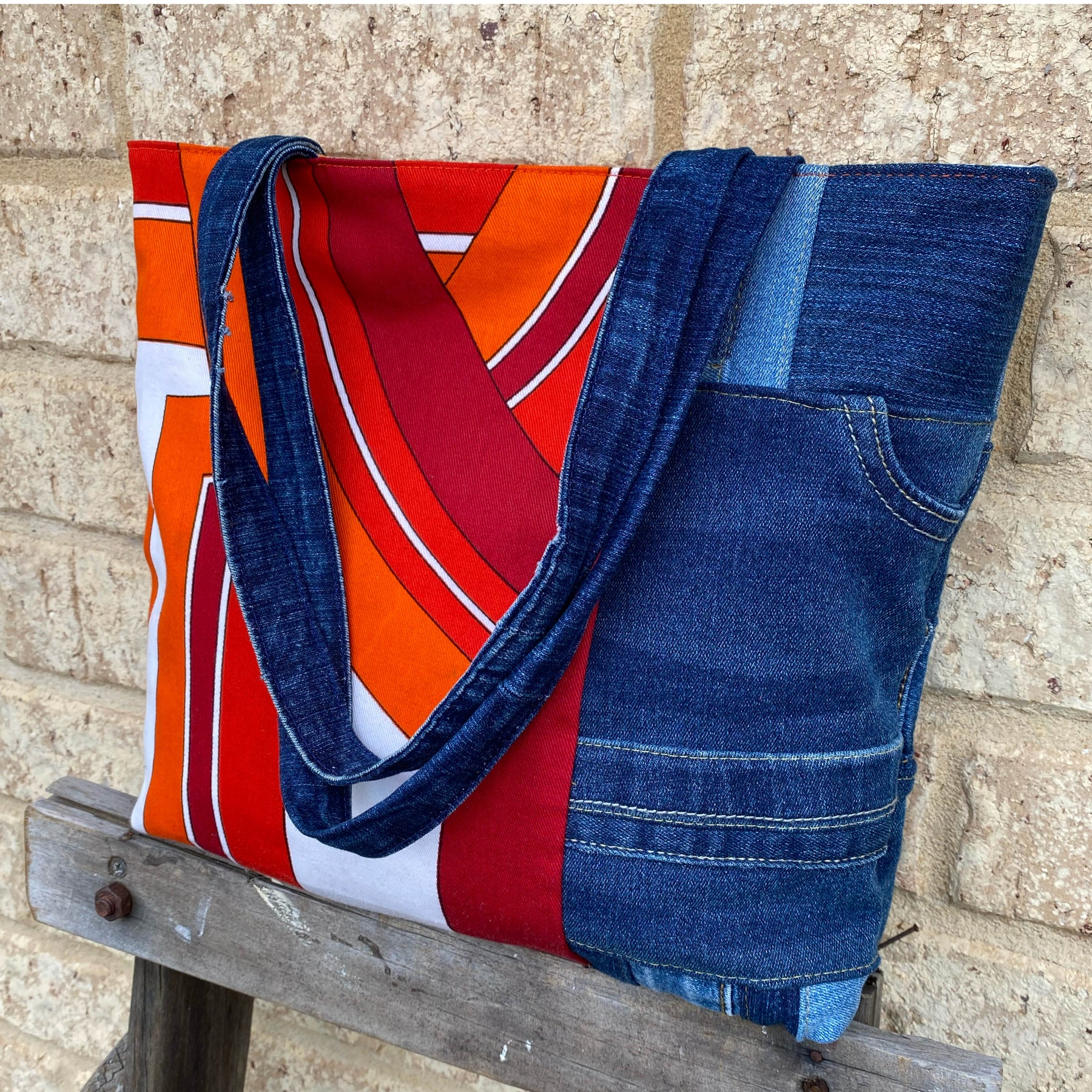 Radiant Rust Handmade Tote Bag Upcycled Vintage Fabrics & Denim