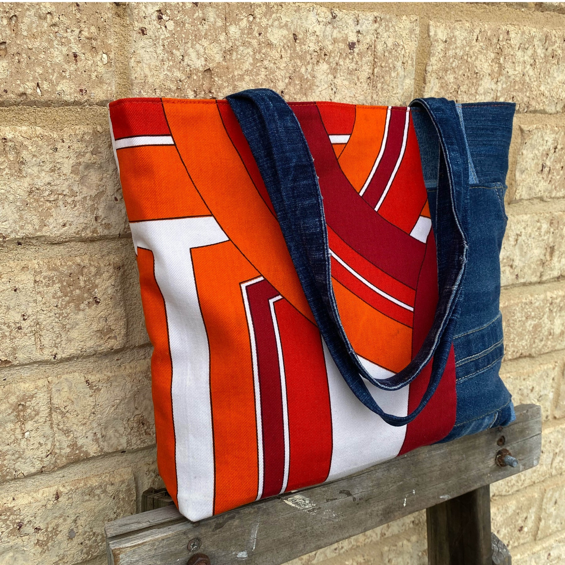 Radiant Rust Handmade Tote Bag Upcycled Vintage Fabrics & Denim