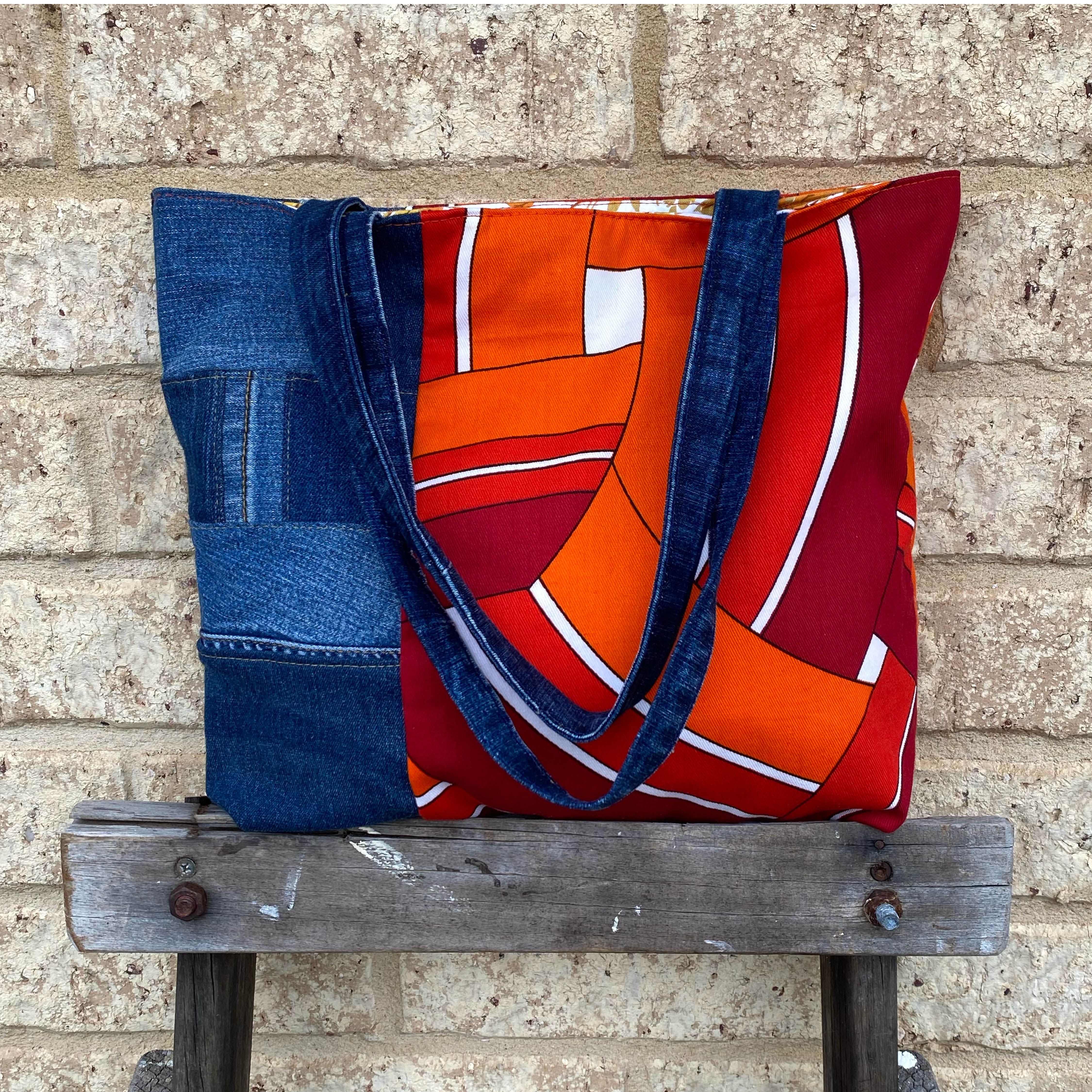 Radiant Rust Handmade Tote Bag Upcycled Vintage Fabrics & Denim