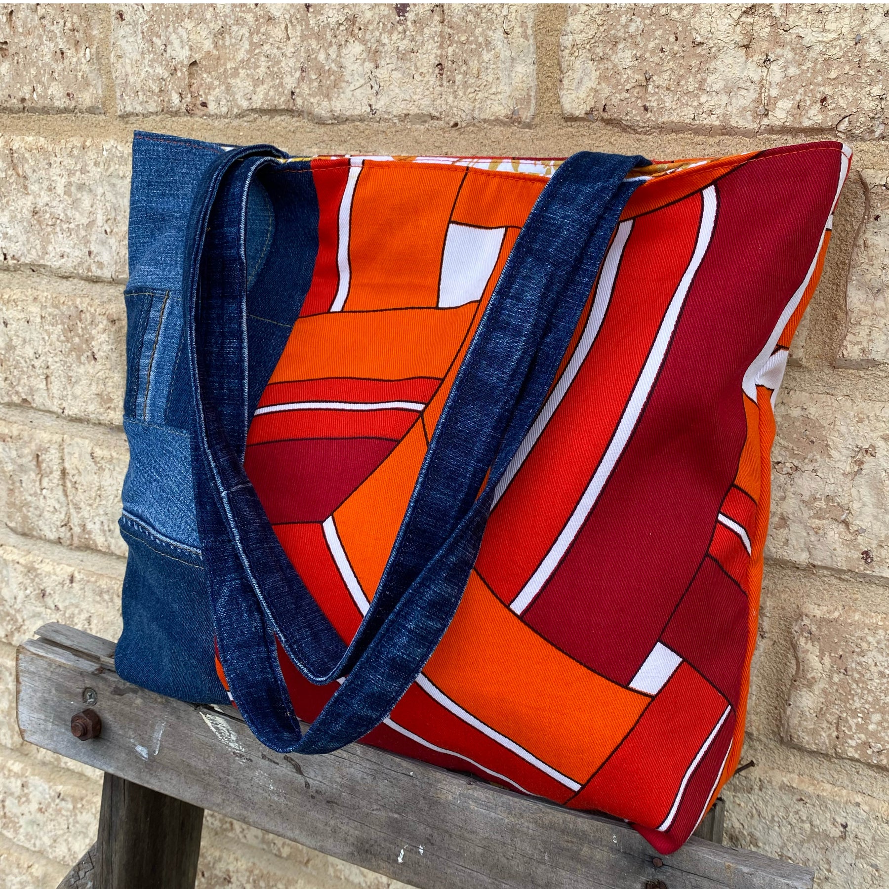 Radiant Rust Handmade Tote Bag Upcycled Vintage Fabrics & Denim