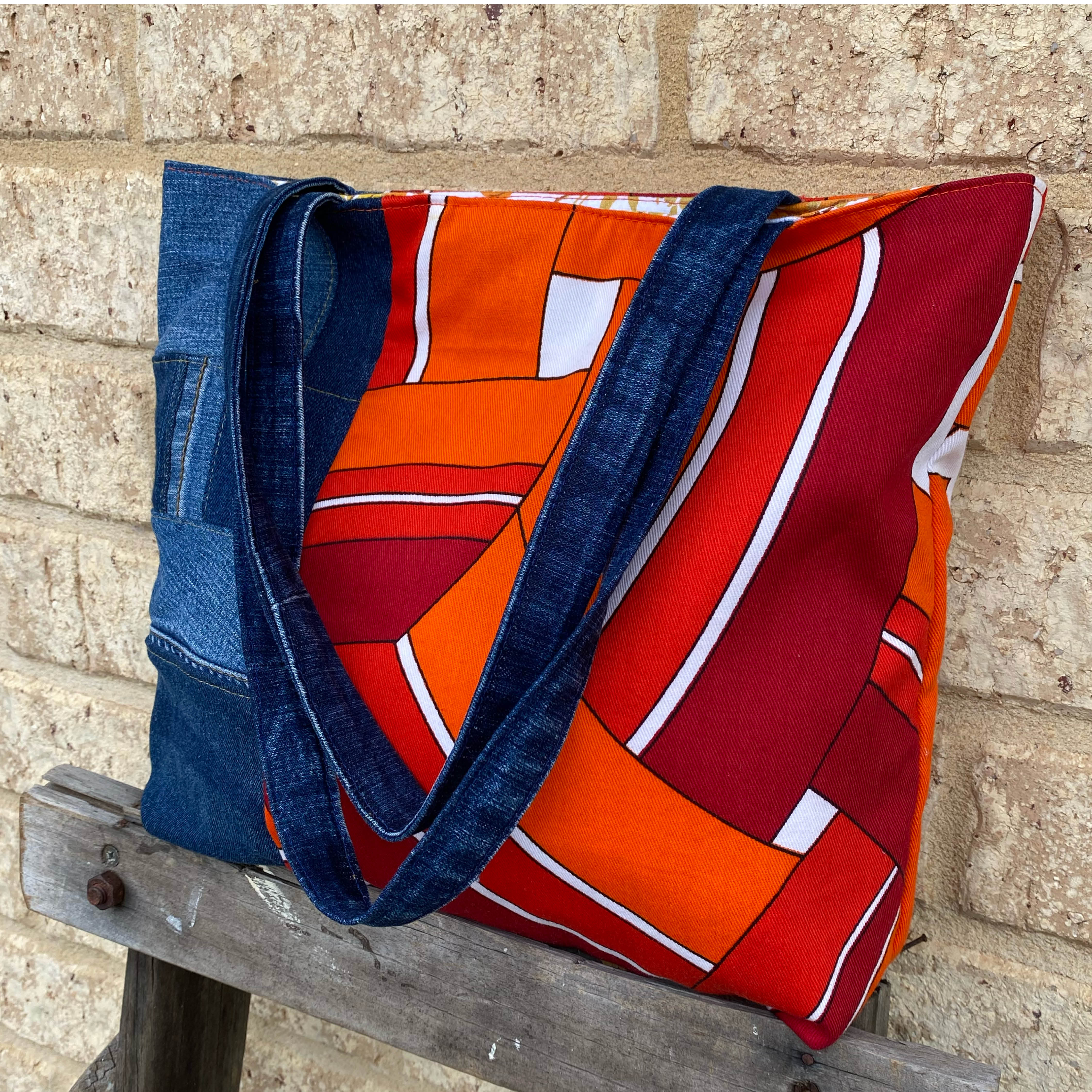 Radiant Rust Handmade Tote Bag Upcycled Vintage Fabrics & Denim