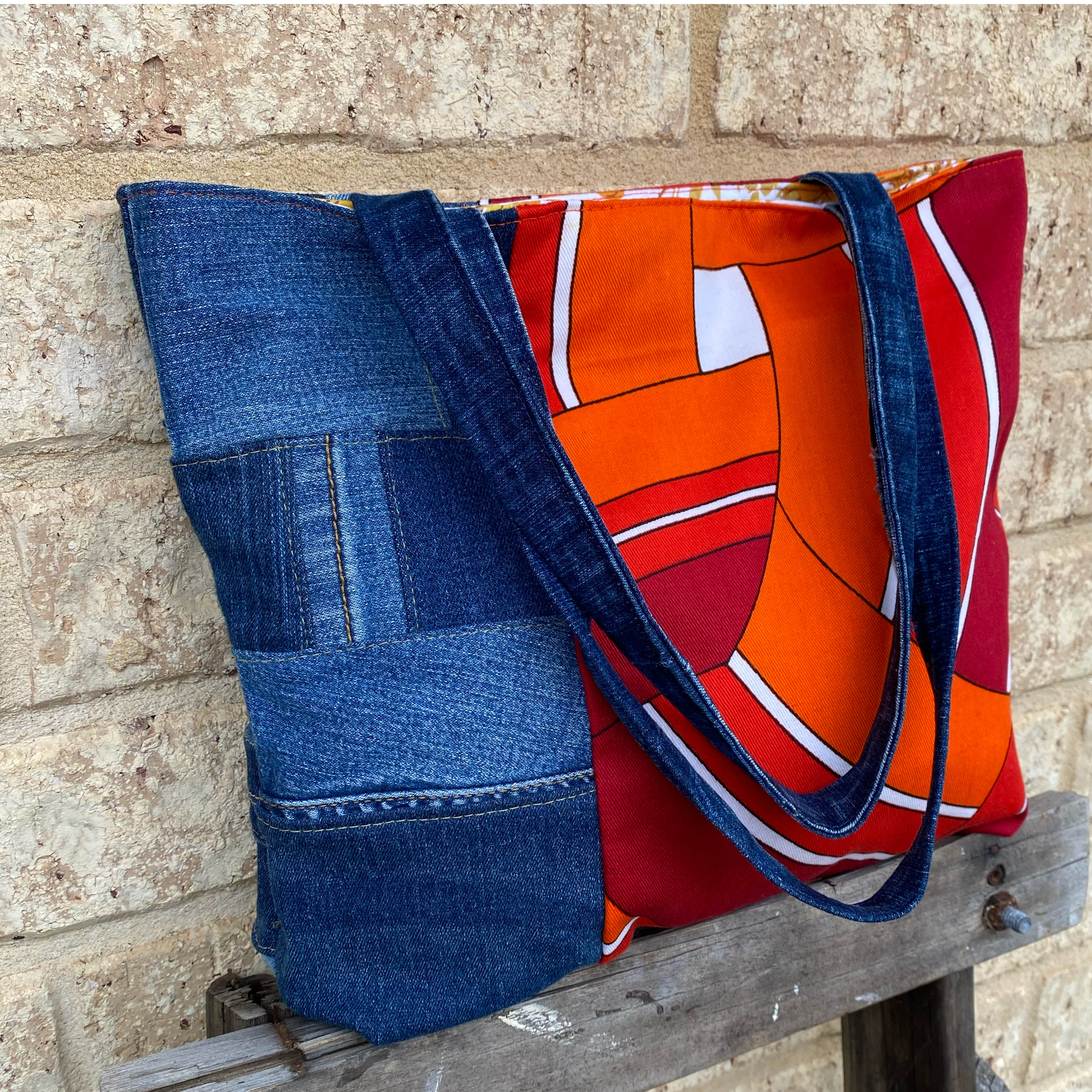 Radiant Rust Handmade Tote Bag Upcycled Vintage Fabrics & Denim