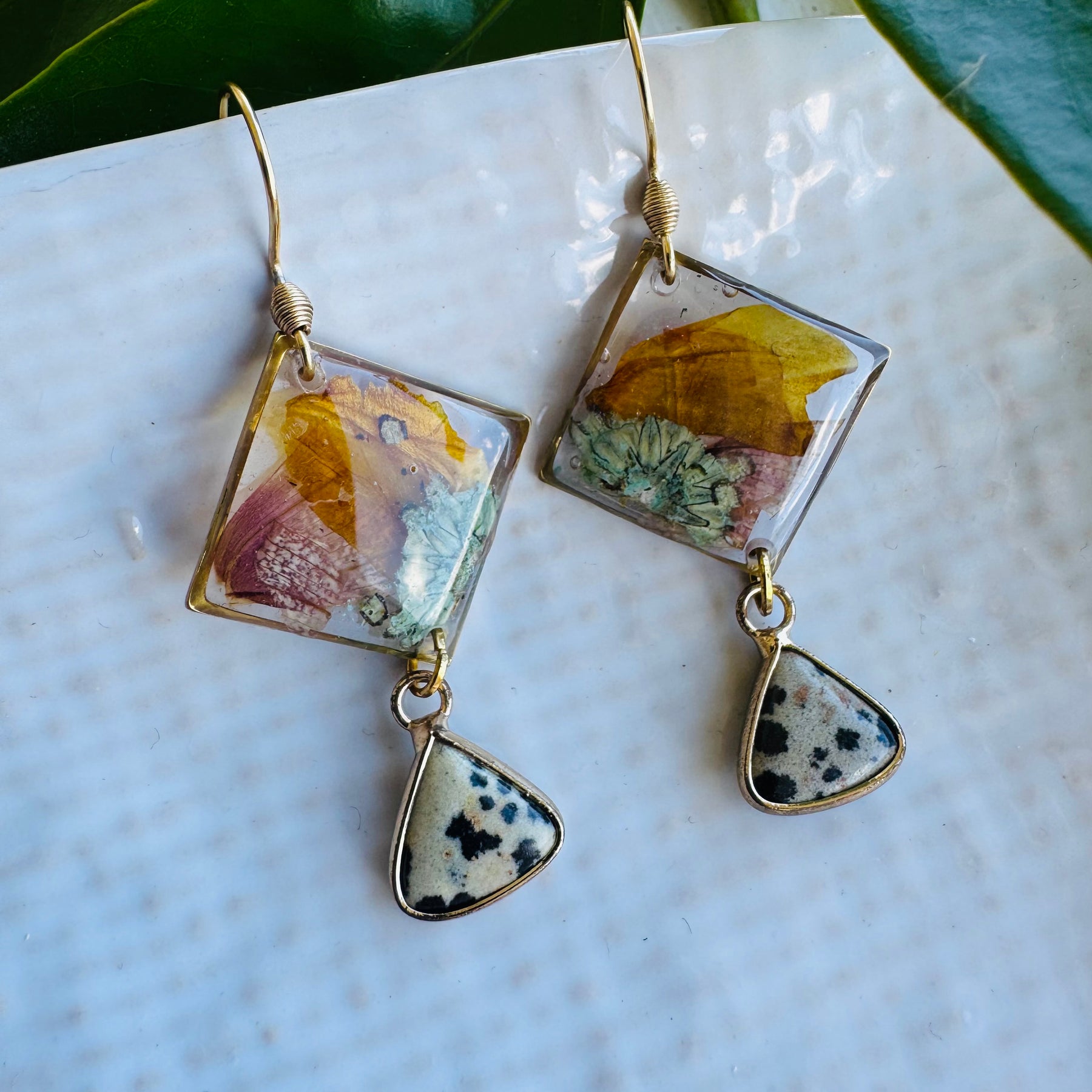 Botanical rhombus earrings with Dalmatian jasper