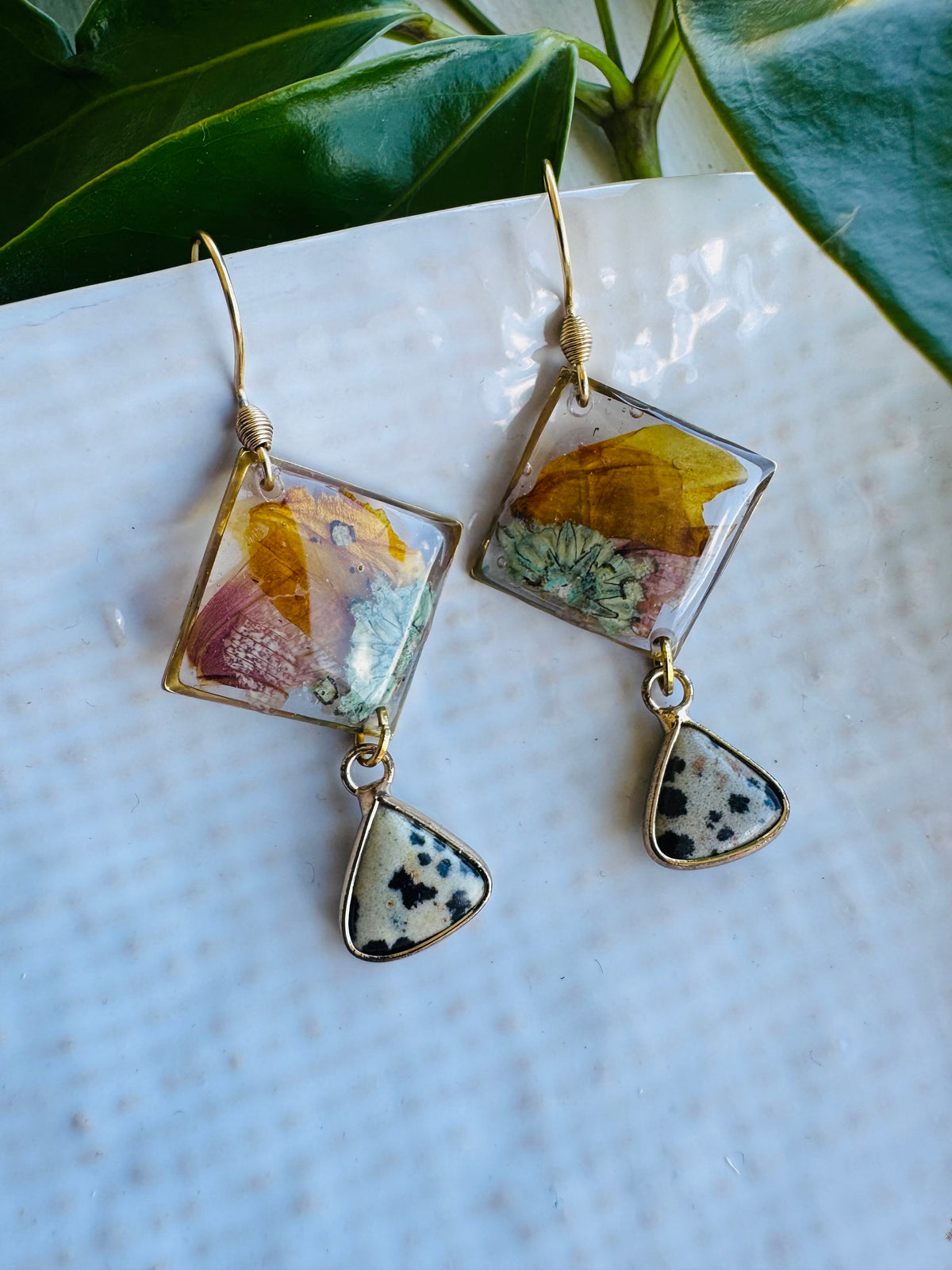 Botanical rhombus earrings with Dalmatian jasper