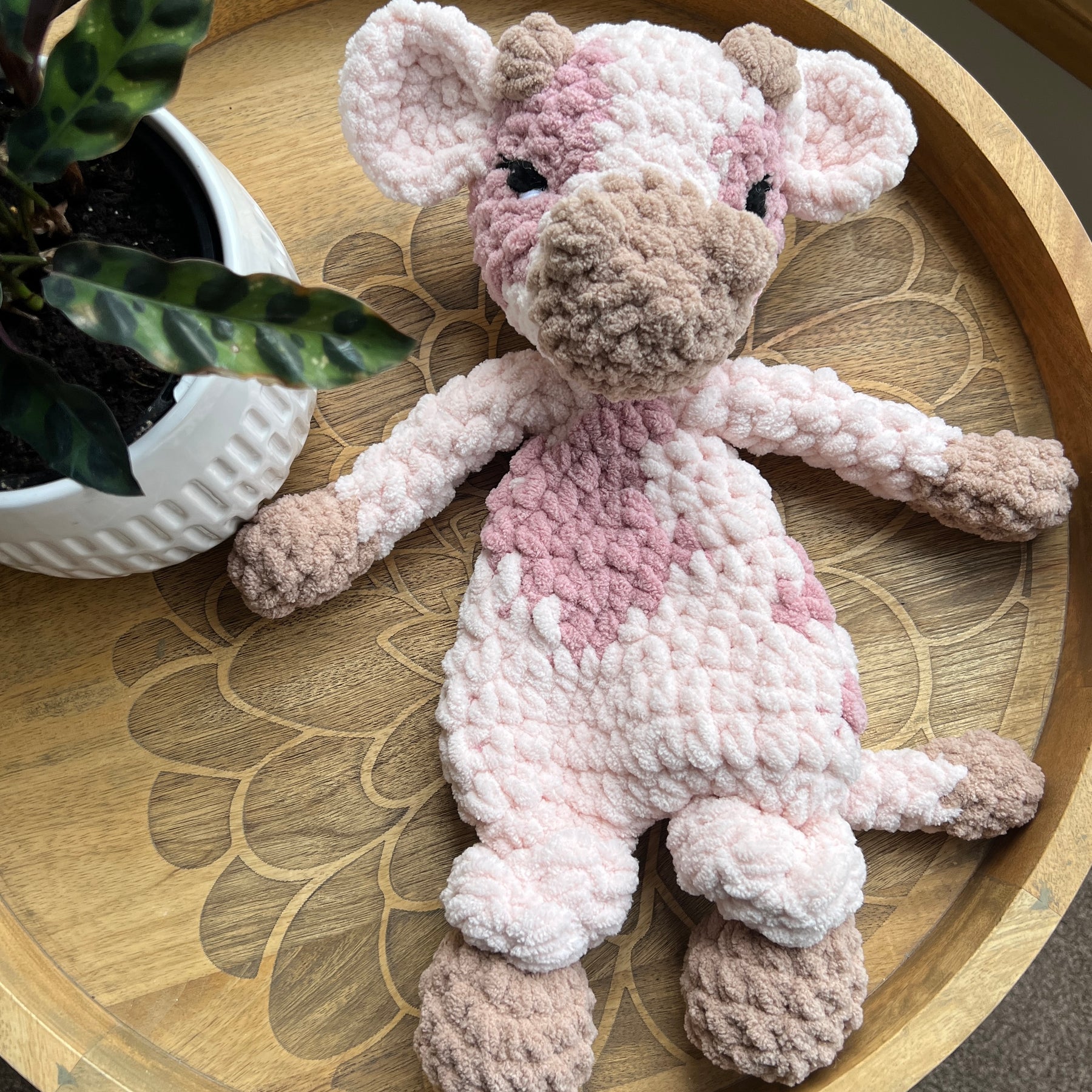 Handmade pink crochet cow lovey snuggler baby safe.