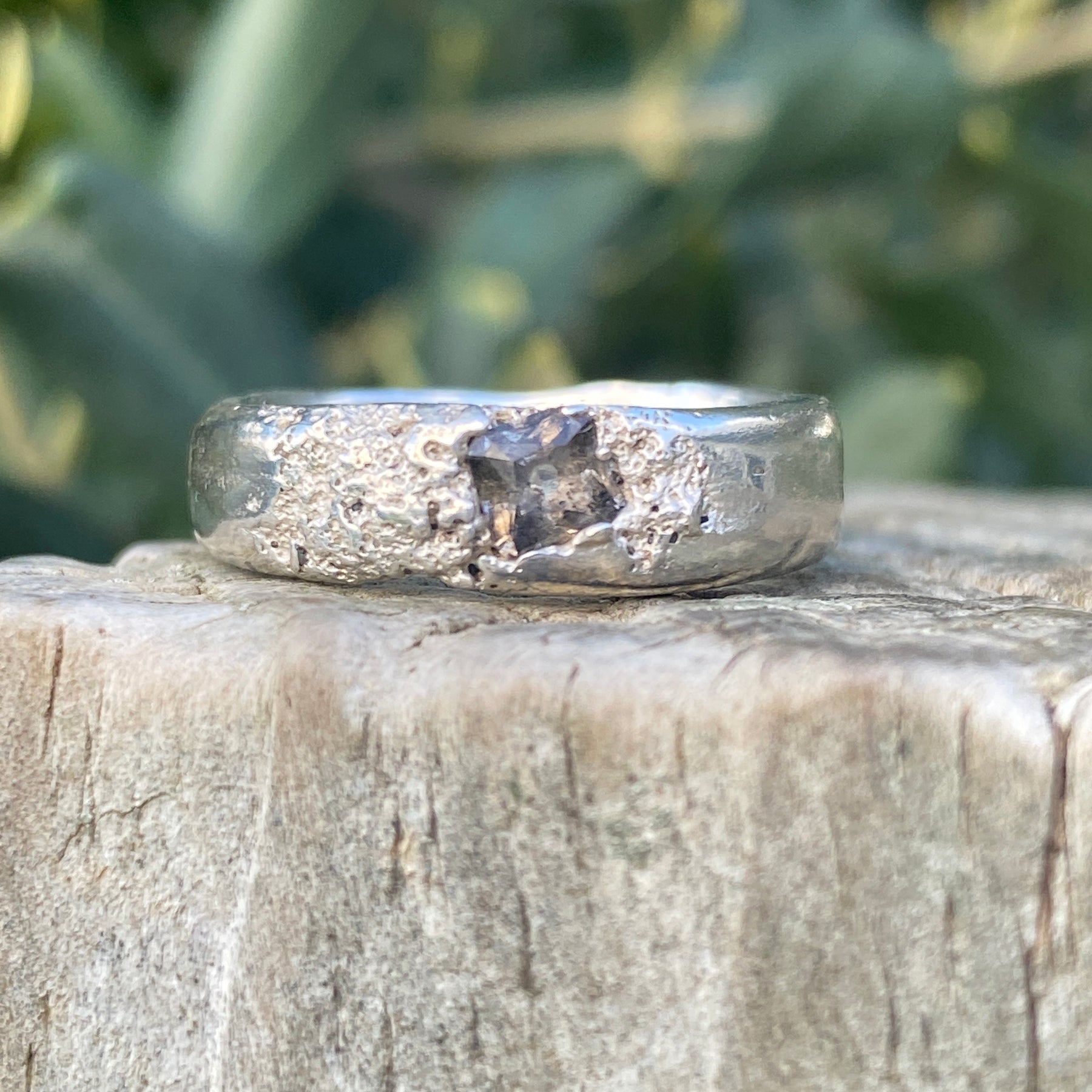 Rockpool Ring – Beach Sand Cast Sterling Silver & Smoky Nanosital – Size N