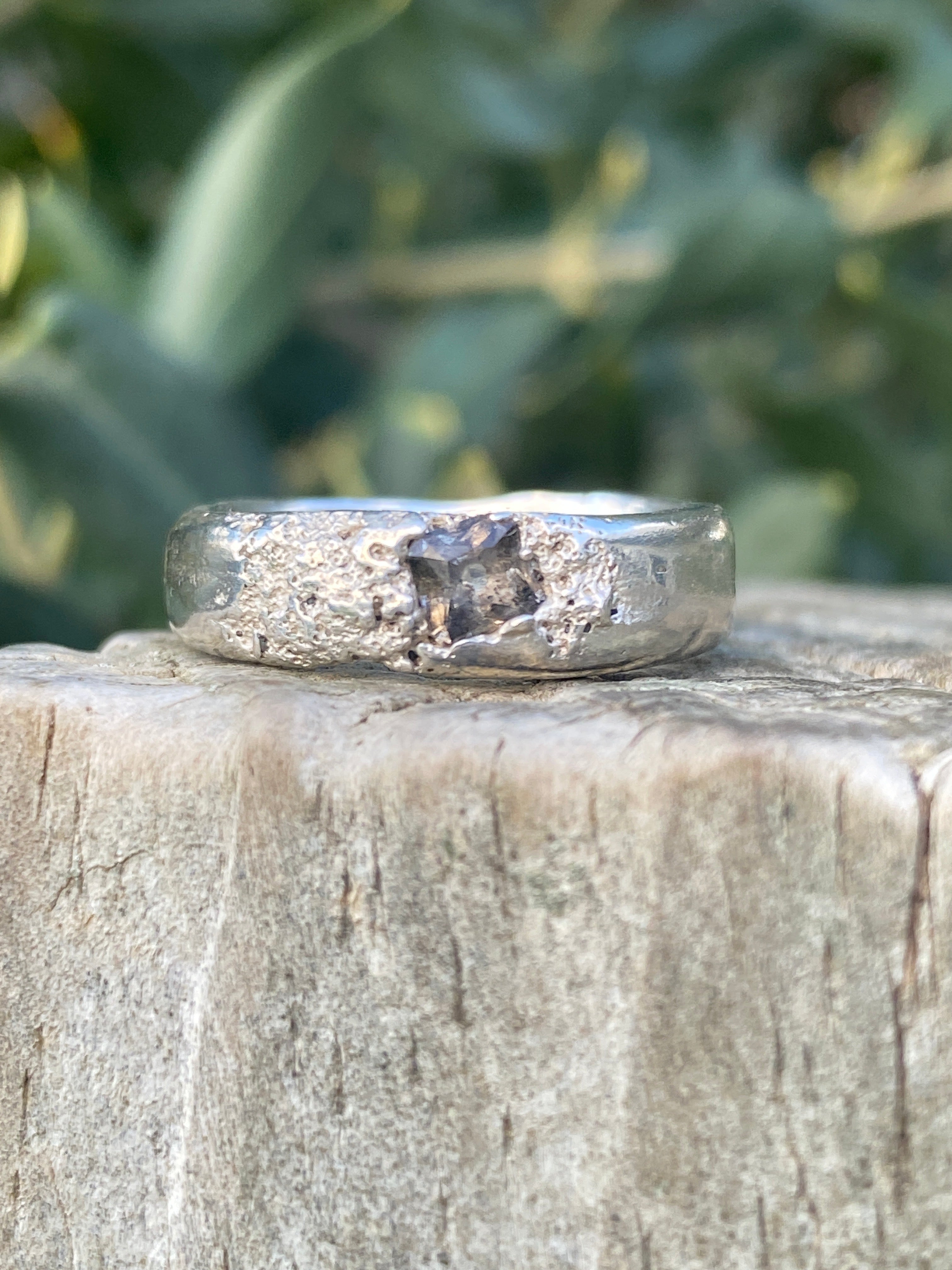 Rockpool Ring – Beach Sand Cast Sterling Silver & Smoky Nanosital – Size N