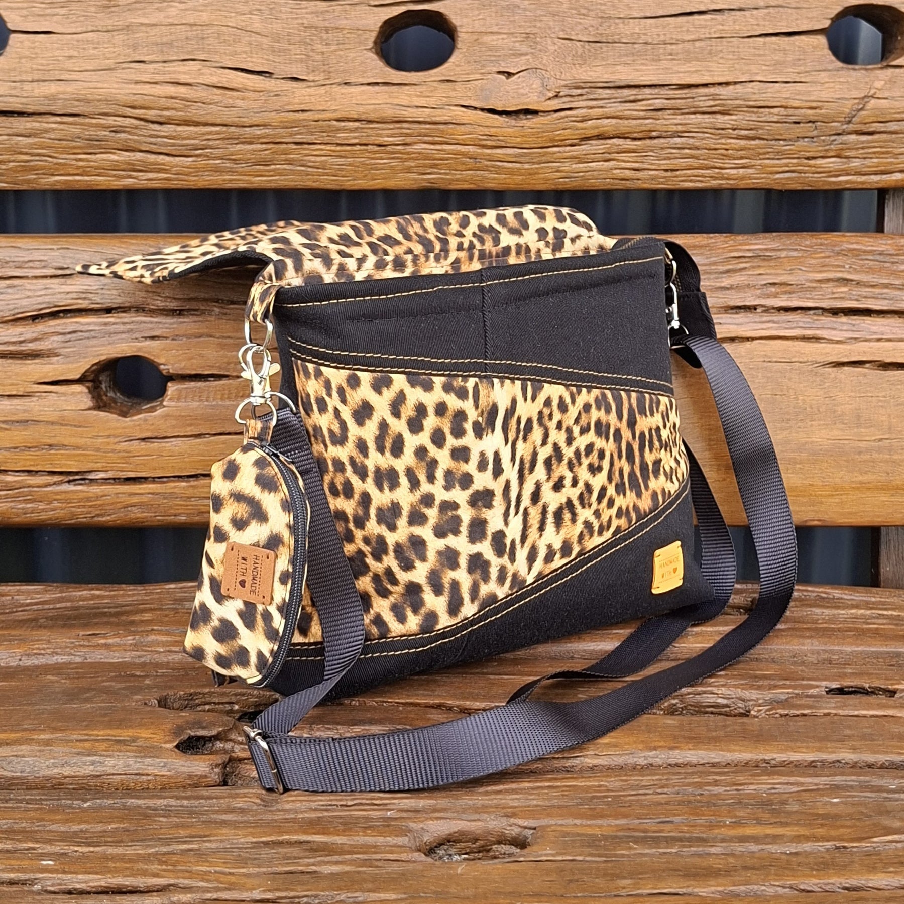 Leopard & Black Denim Upcycled Messenger Bag