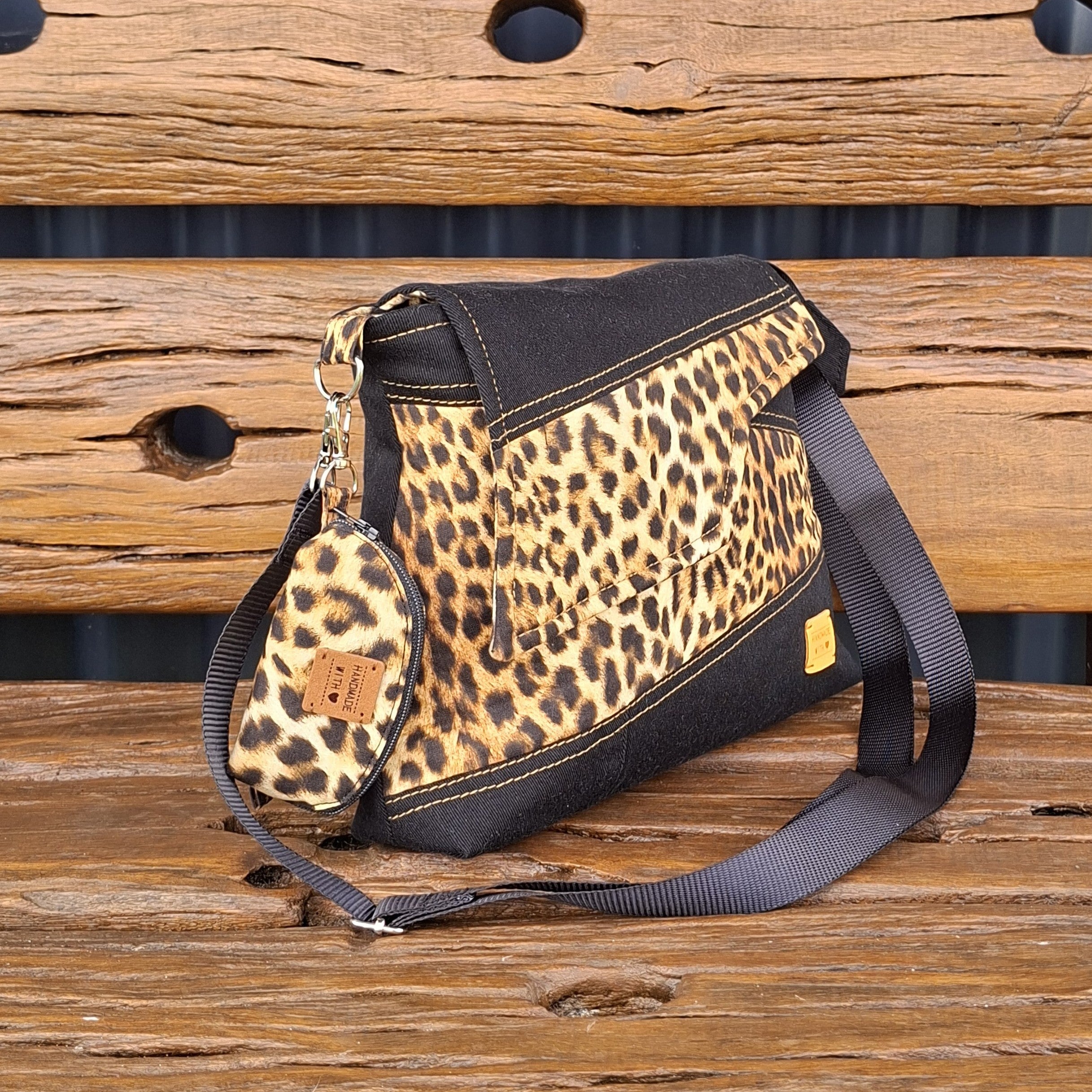 Leopard & Black Denim Upcycled Messenger Bag