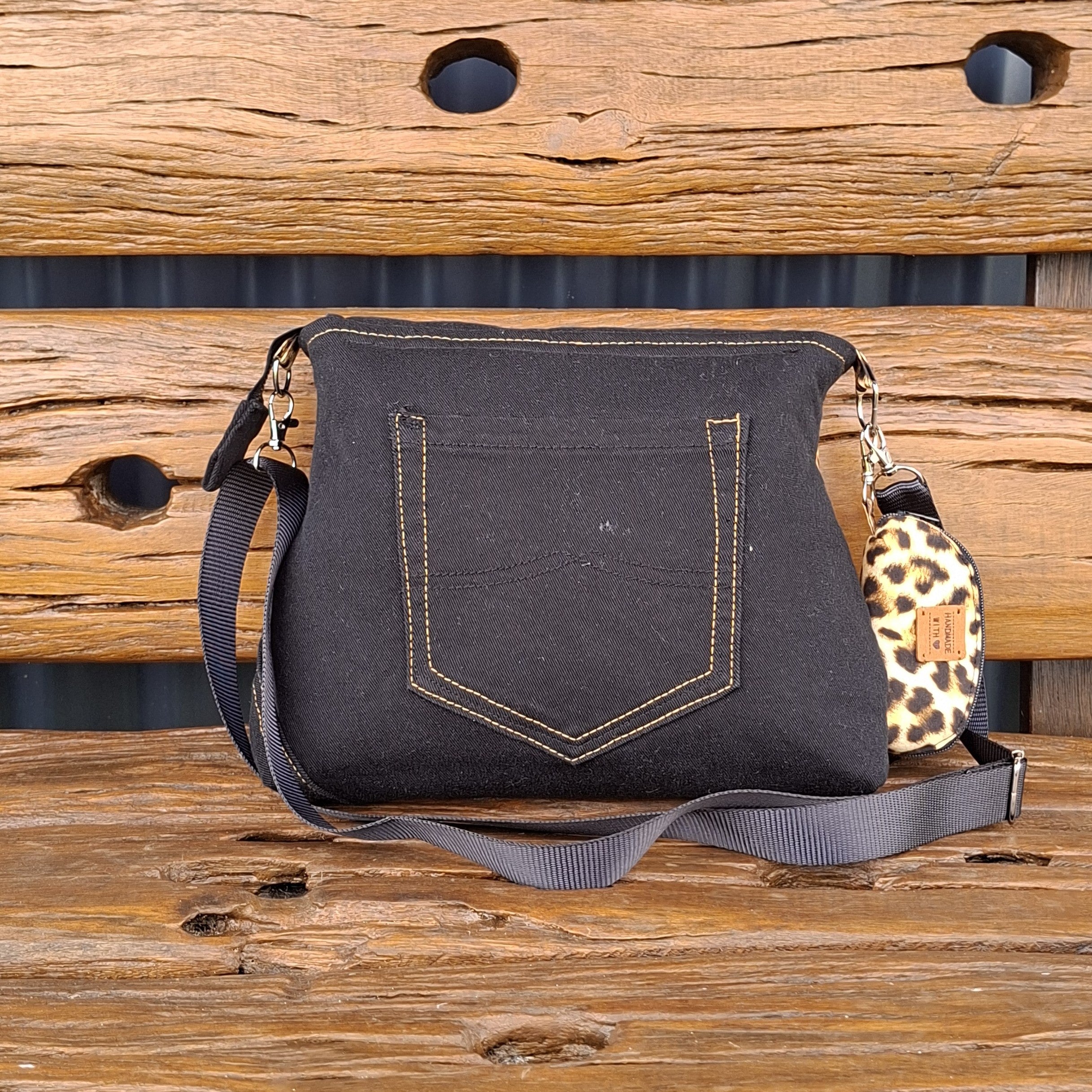Leopard & Black Denim Upcycled Messenger Bag