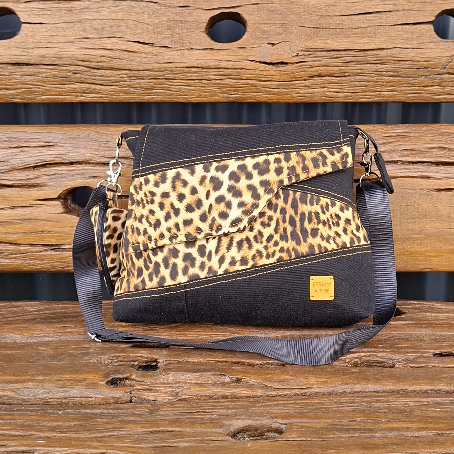 Leopard & Black Denim Upcycled Messenger Bag