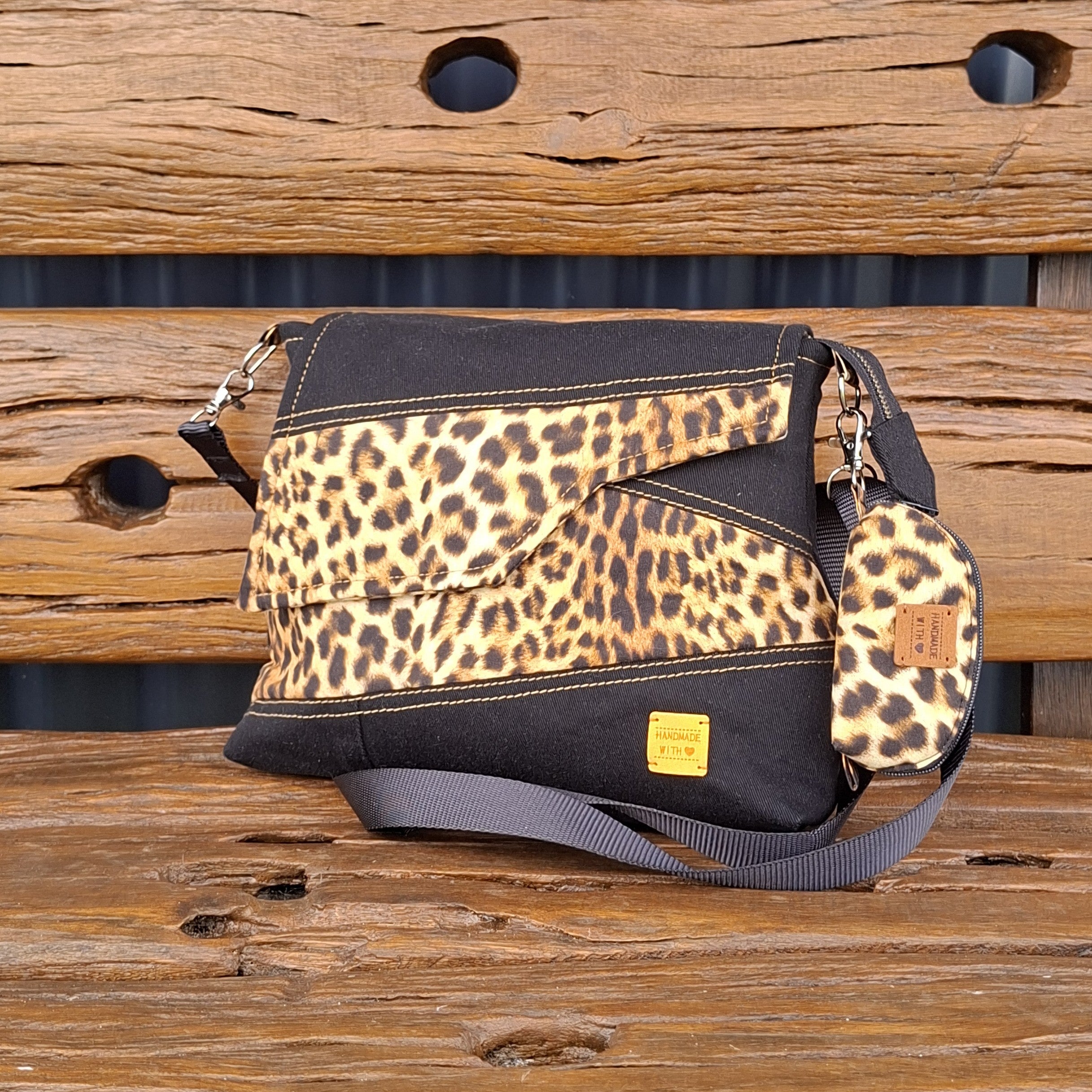 Leopard & Black Denim Upcycled Messenger Bag