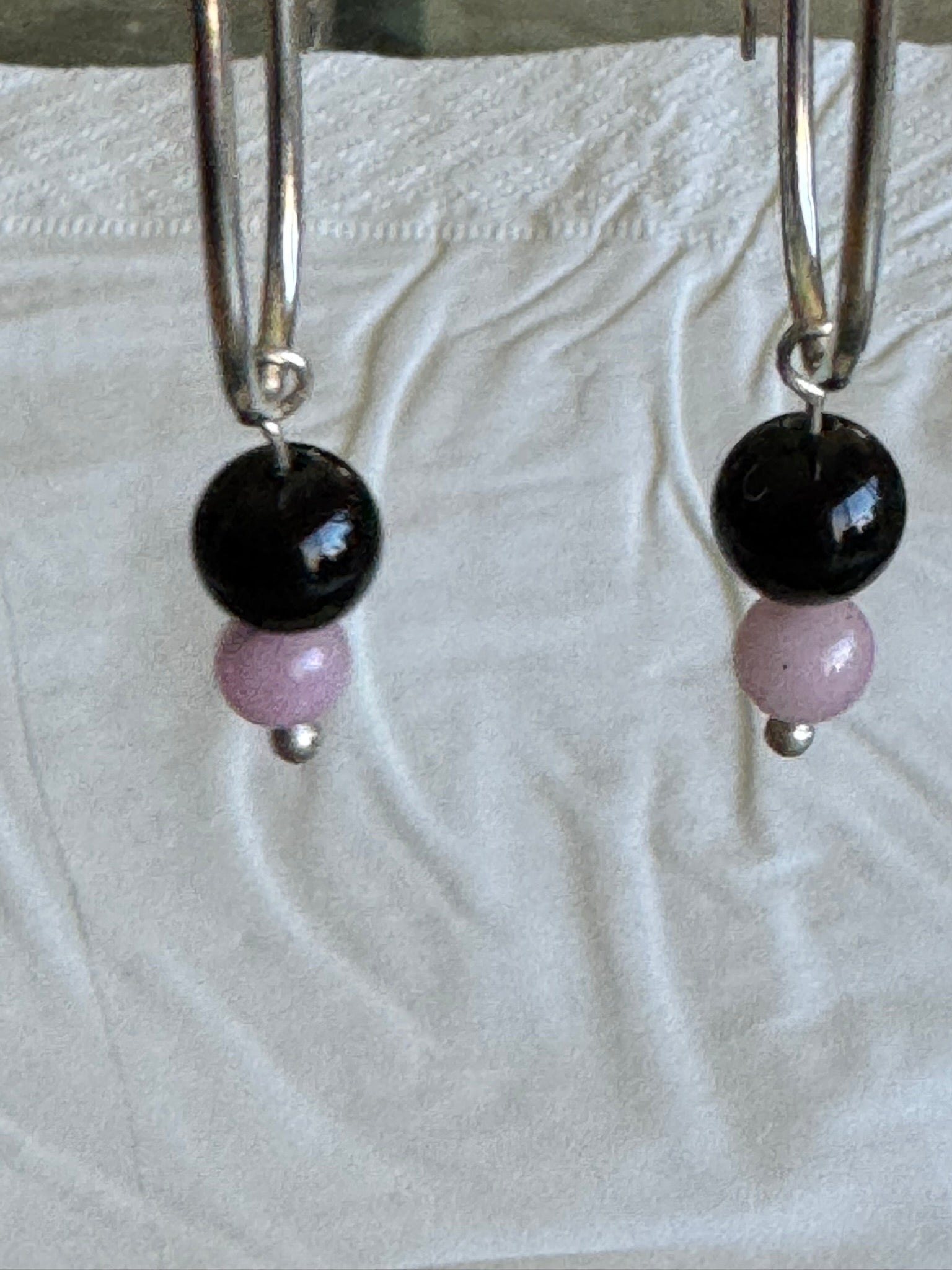 Hand crafted Sterling Silver Earrings with Rose Quartz & Black Onyx Beads