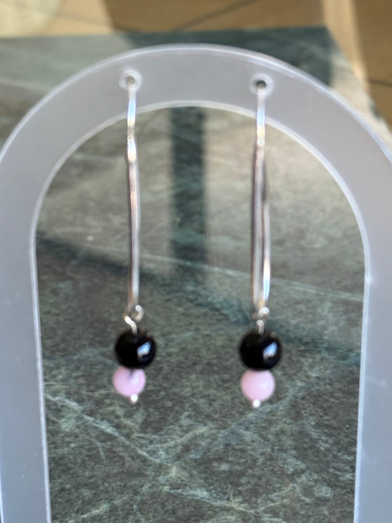 Hand crafted Sterling Silver Earrings with Rose Quartz & Black Onyx Beads
