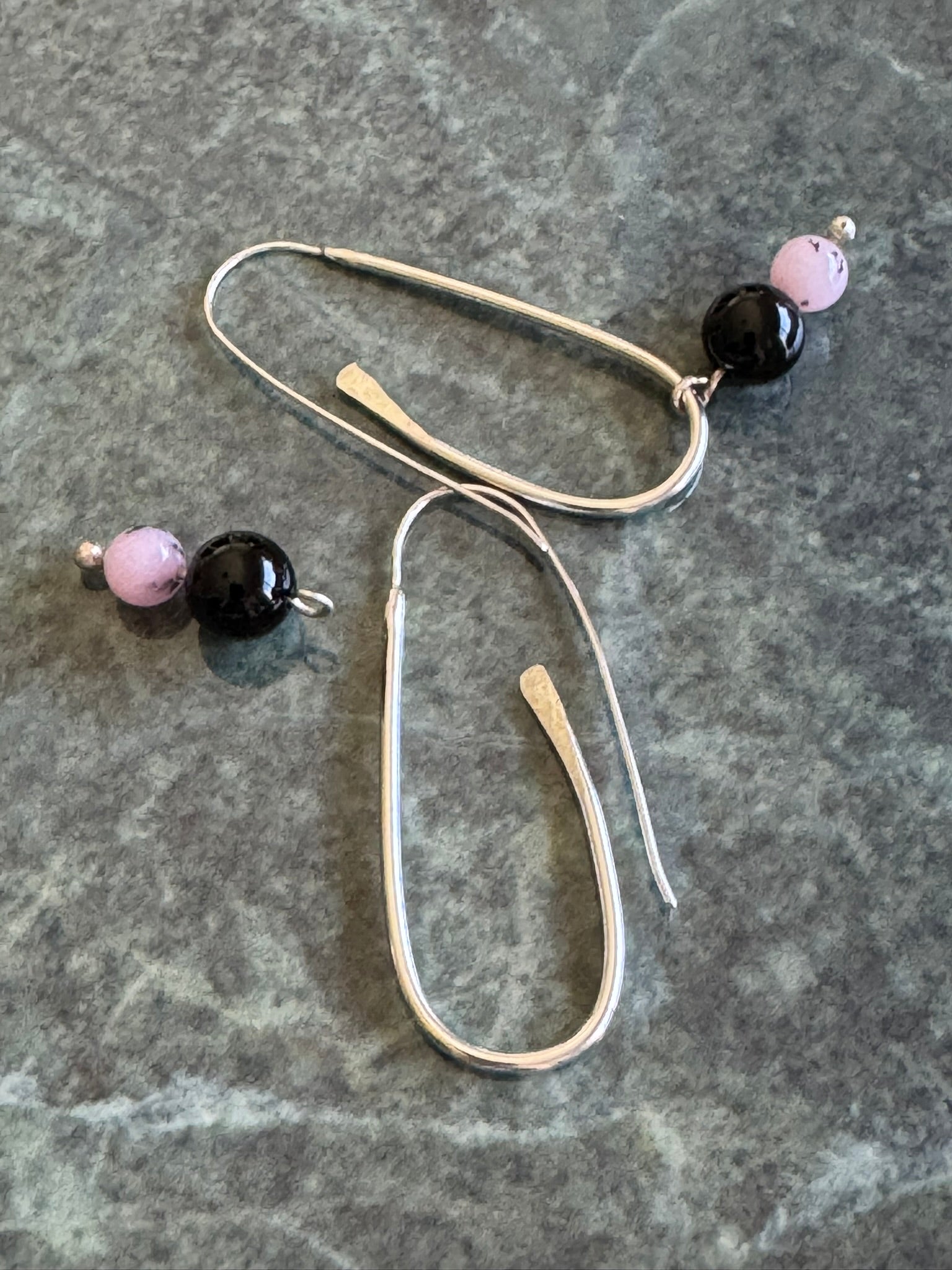 Hand crafted Sterling Silver Earrings with Rose Quartz & Black Onyx Beads