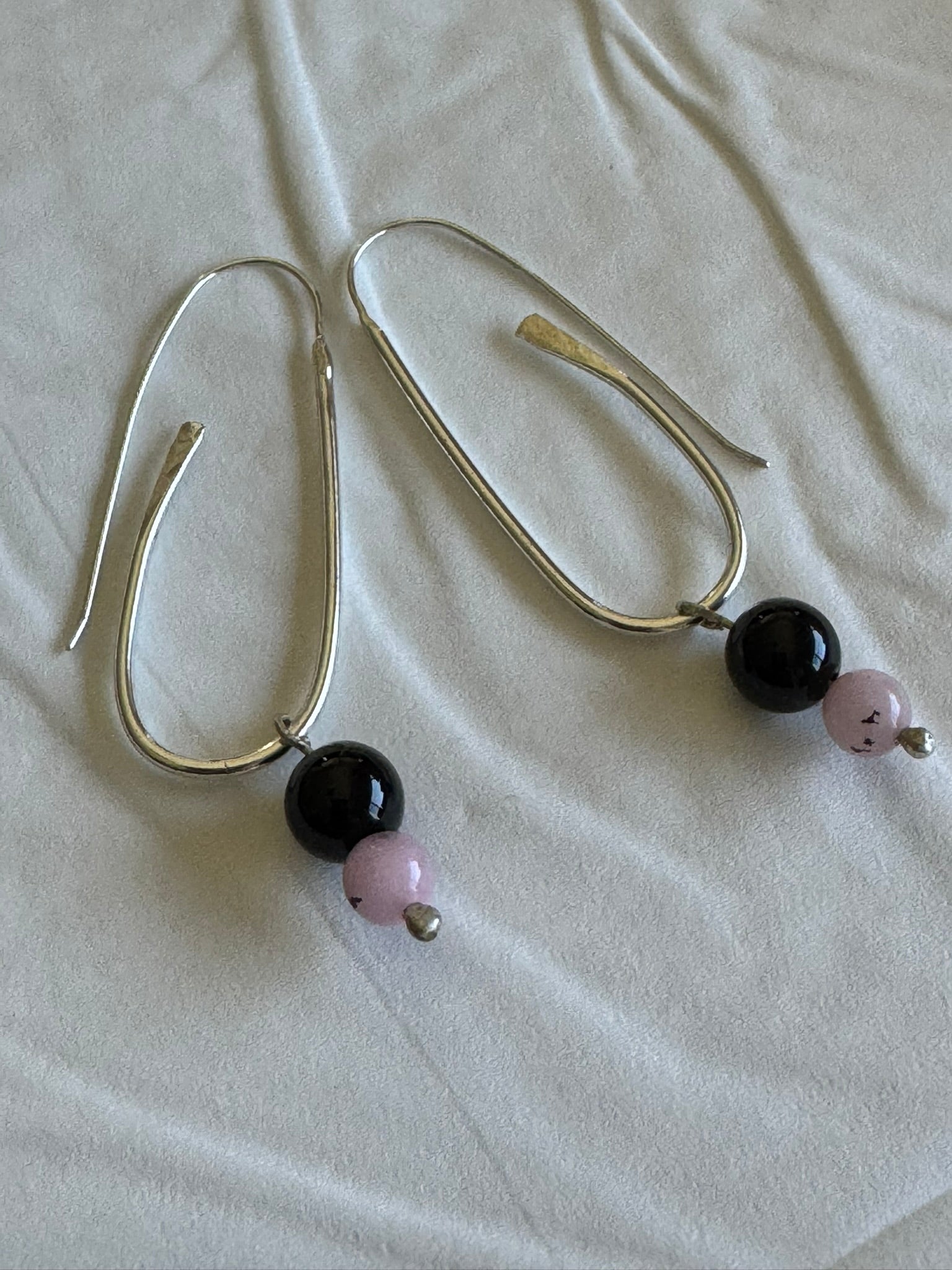 Hand crafted Sterling Silver Earrings with Rose Quartz & Black Onyx Beads