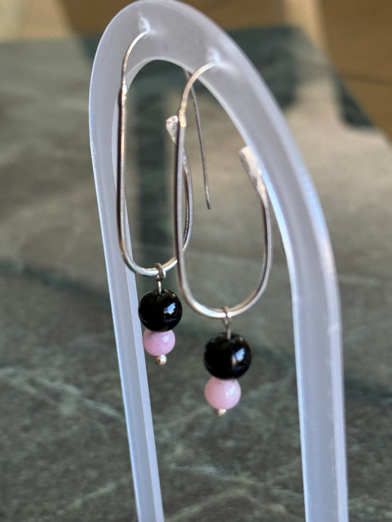 Hand crafted Sterling Silver Earrings with Rose Quartz & Black Onyx Beads