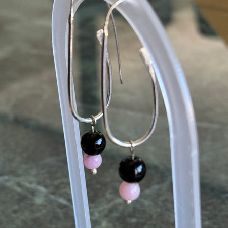 Hand crafted Sterling Silver Earrings with Rose Quartz & Black Onyx Beads