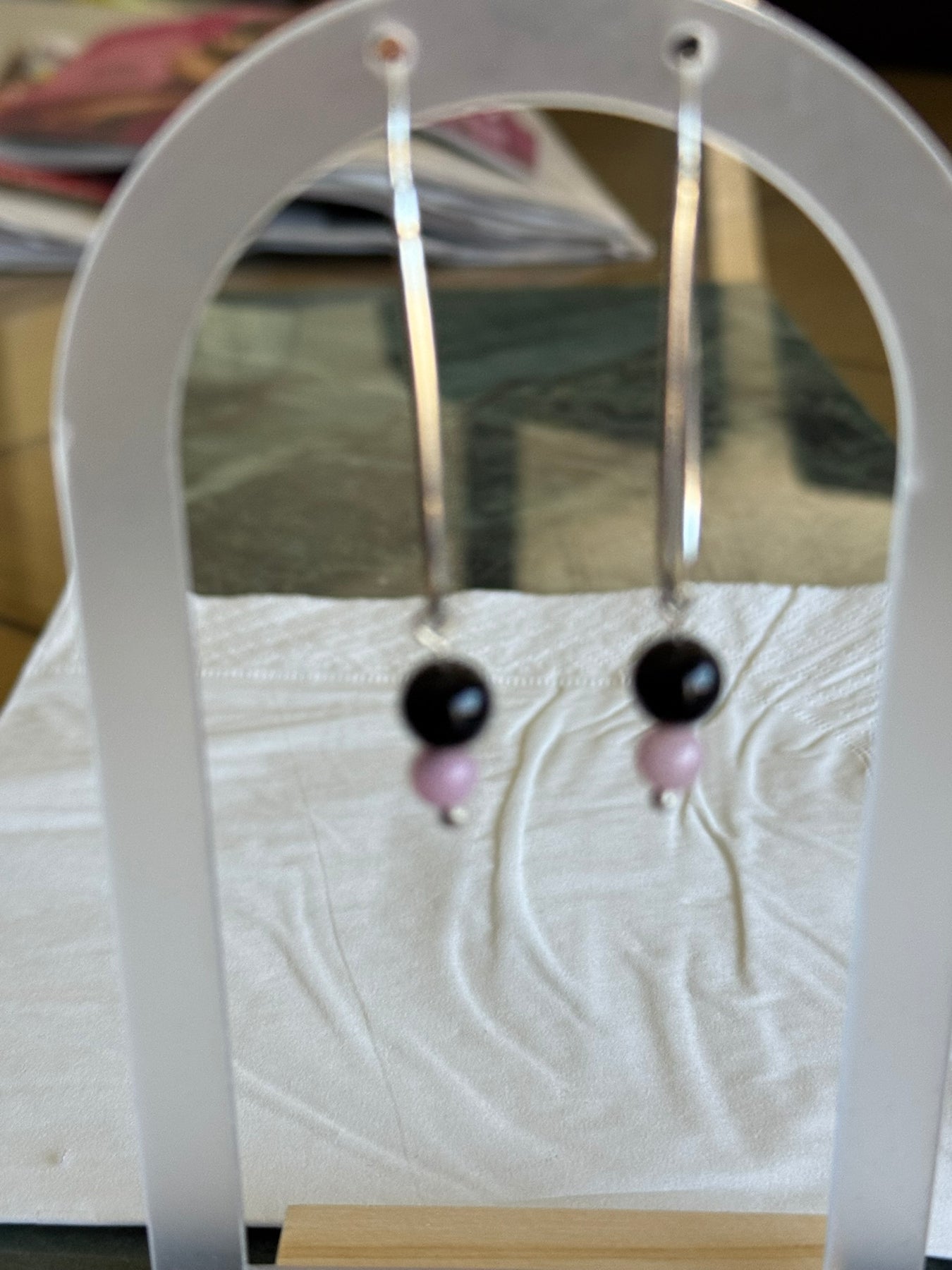 Hand crafted Sterling Silver Earrings with Rose Quartz & Black Onyx Beads