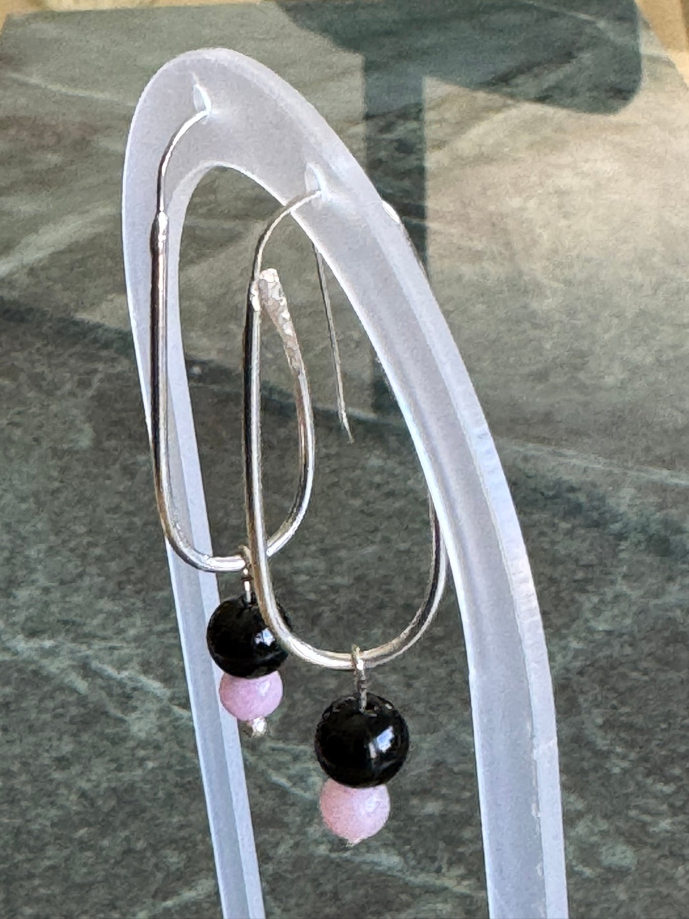 Hand crafted Sterling Silver Earrings with Rose Quartz & Black Onyx Beads