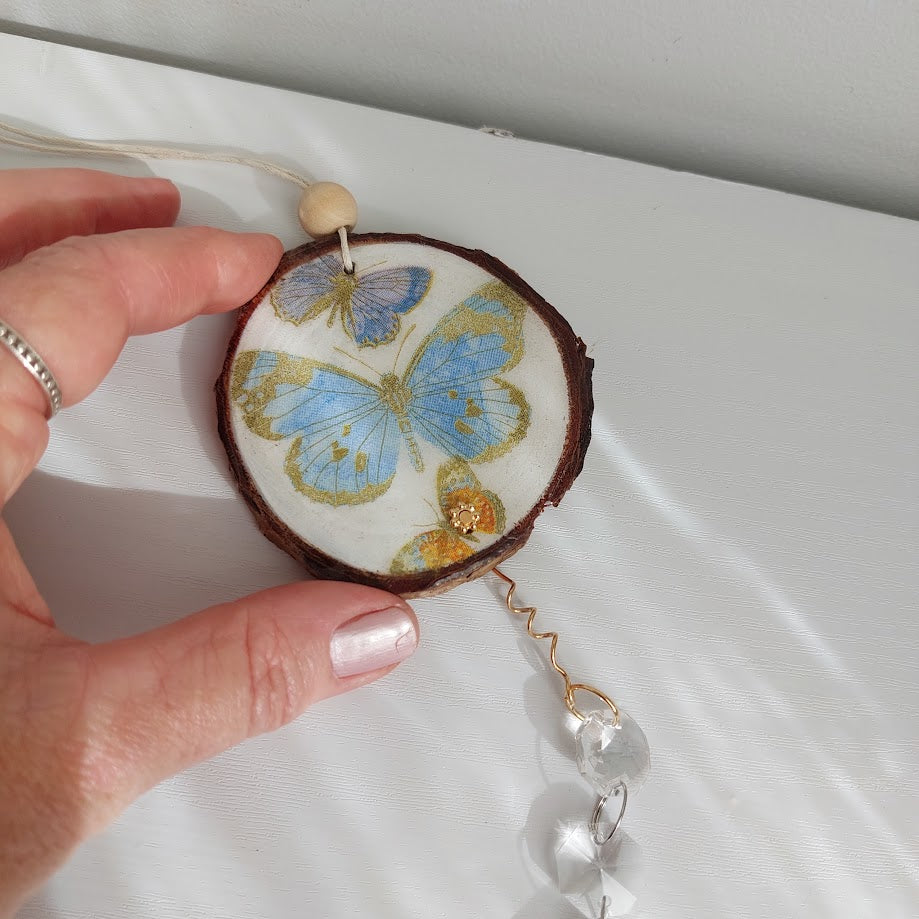 Crystal Suncatcher, Handmade Window Hanging, Butterfly Wood Art