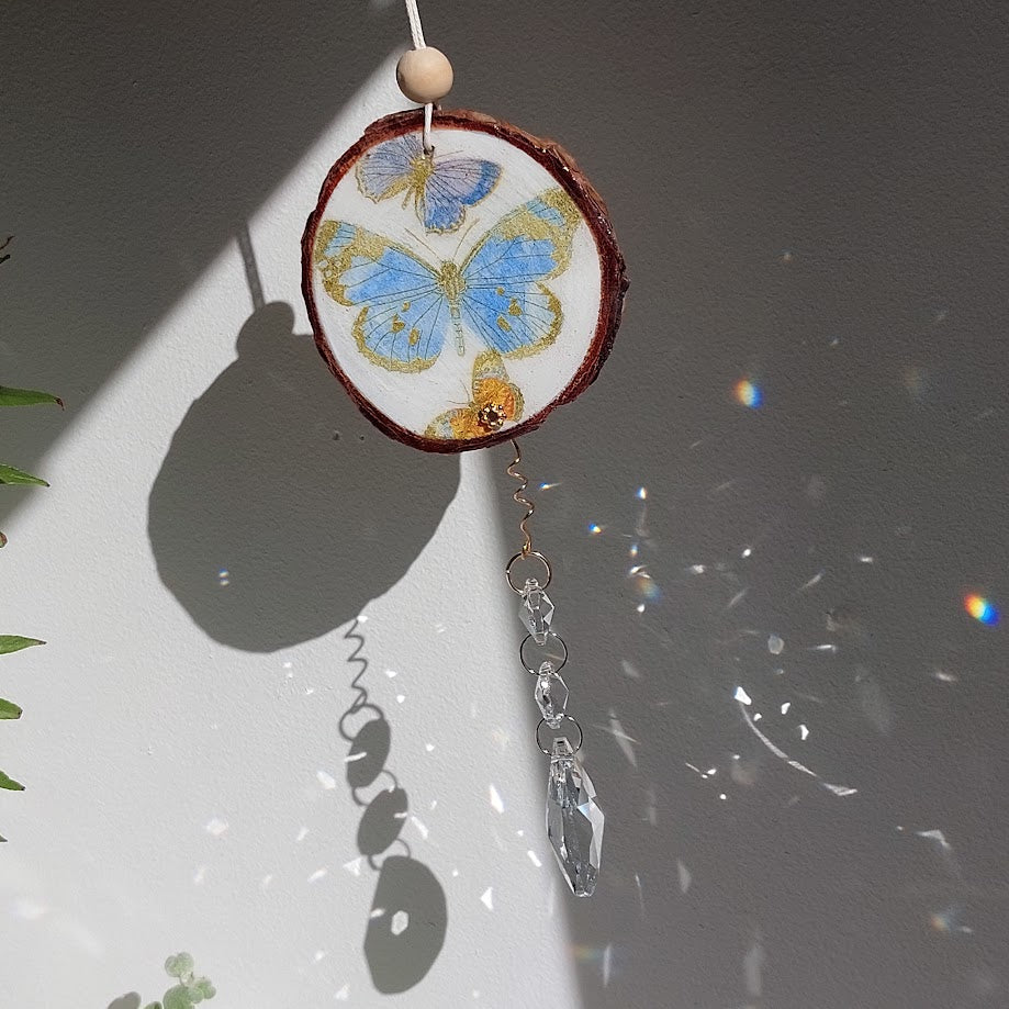 Crystal Suncatcher, Handmade Window Hanging, Butterfly Wood Art