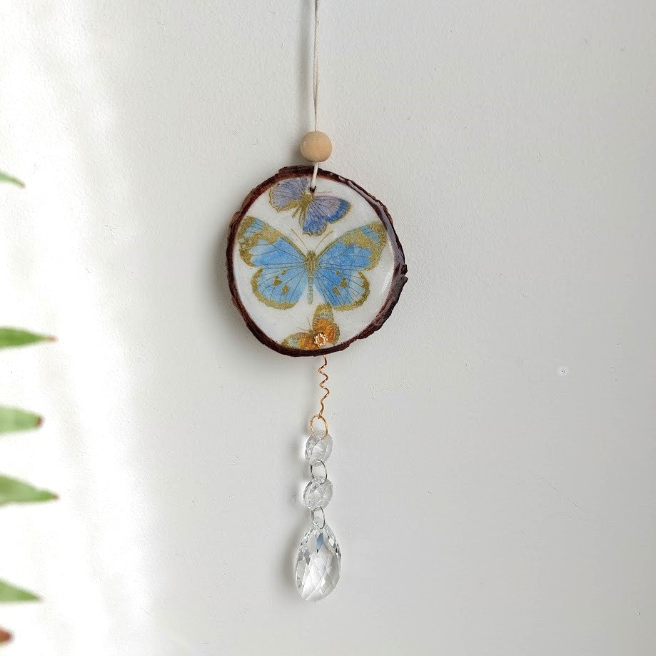 Crystal Suncatcher, Handmade Window Hanging, Butterfly Wood Art