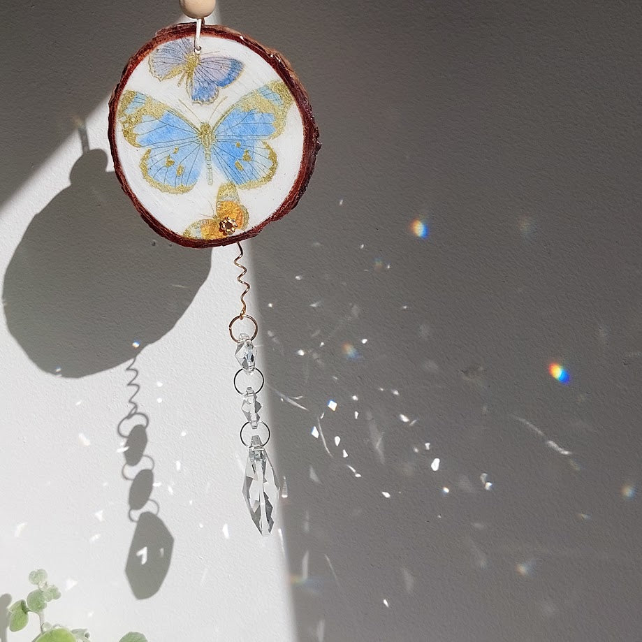 Crystal Suncatcher, Handmade Window Hanging, Butterfly Wood Art