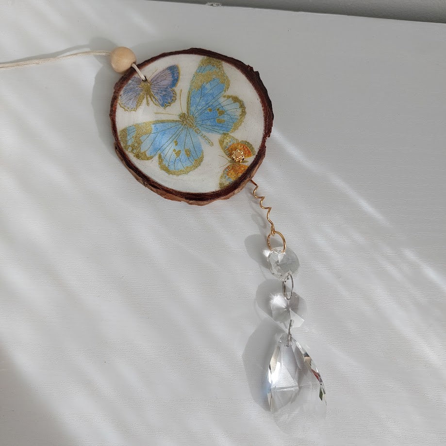 Crystal Suncatcher, Handmade Window Hanging, Butterfly Wood Art