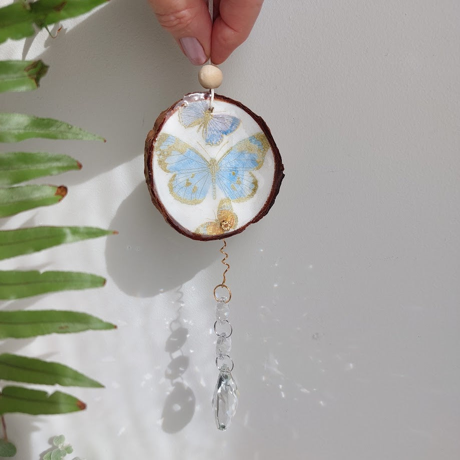 Crystal Suncatcher, Handmade Window Hanging, Butterfly Wood Art