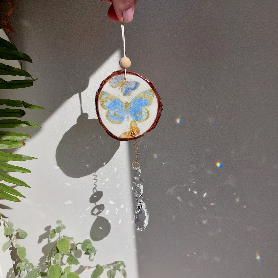 Crystal Suncatcher, Handmade Window Hanging, Butterfly Wood Art
