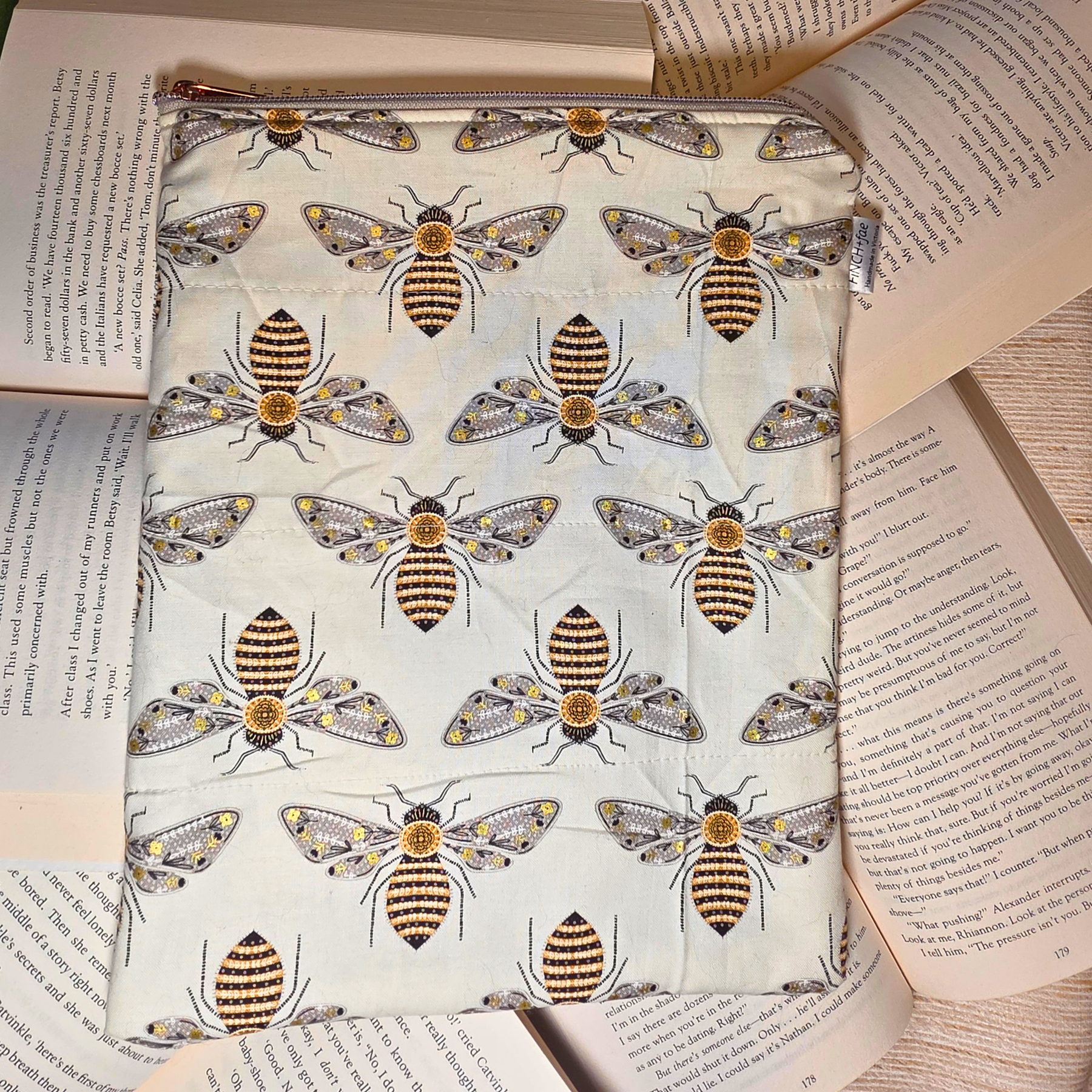 Bee designs - book or 11" tablet sleeve, handmade