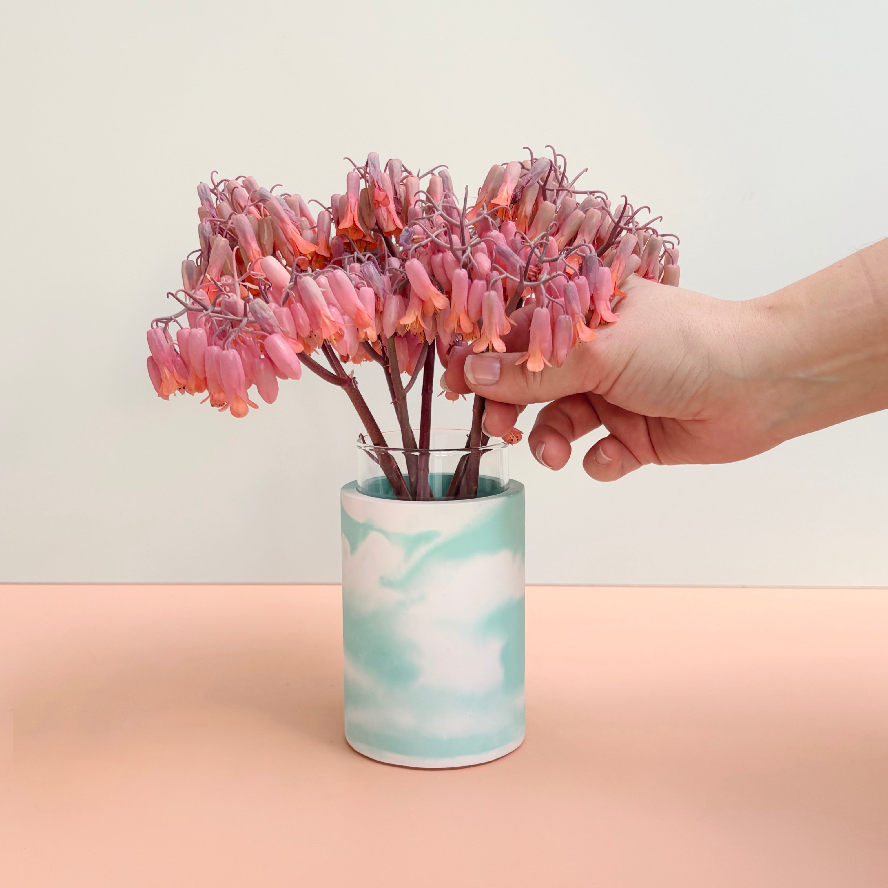 Swirling teal and white vase - made to order