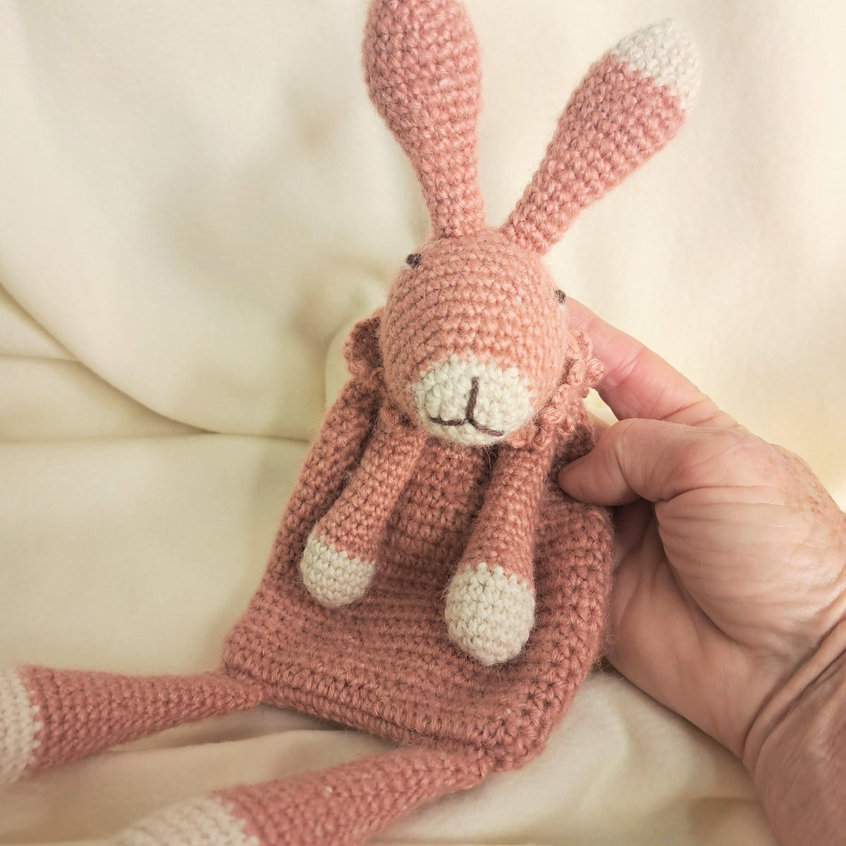 Handmade crochet rabbit snuggler, Australian wool, alpaca, silk